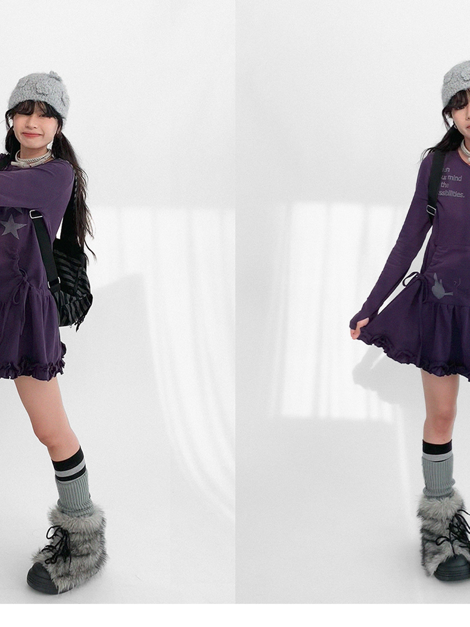 innomoood Blackberry Ruffle Print Drawstring Mini Dress