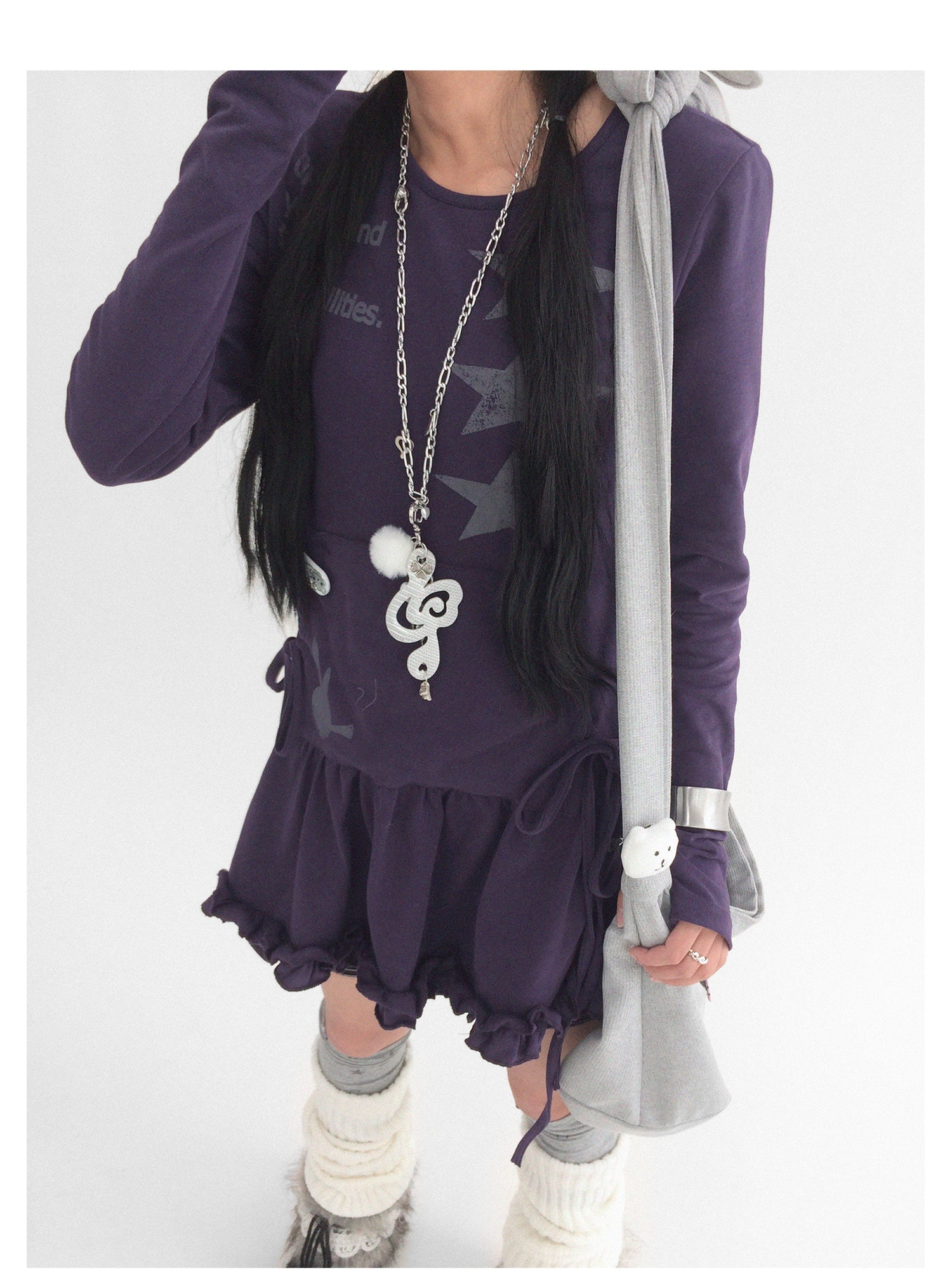 innomoood Blackberry Ruffle Print Drawstring Mini Dress