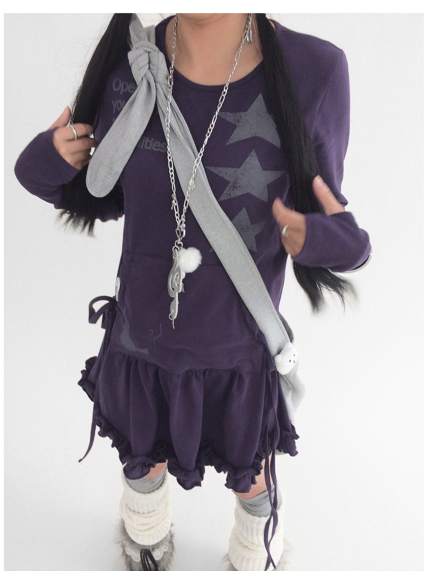innomoood Blackberry Ruffle Print Drawstring Mini Dress
