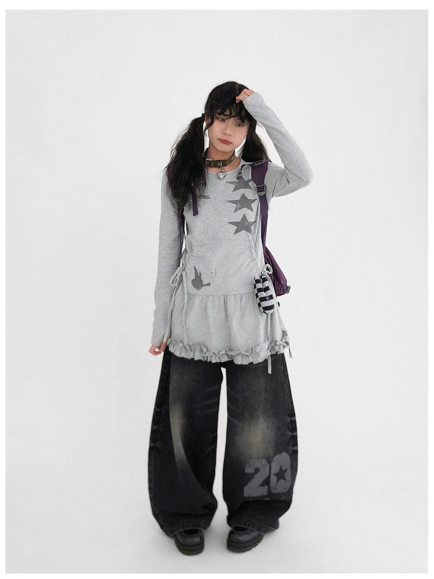 innomoood Blackberry Ruffle Print Drawstring Mini Dress