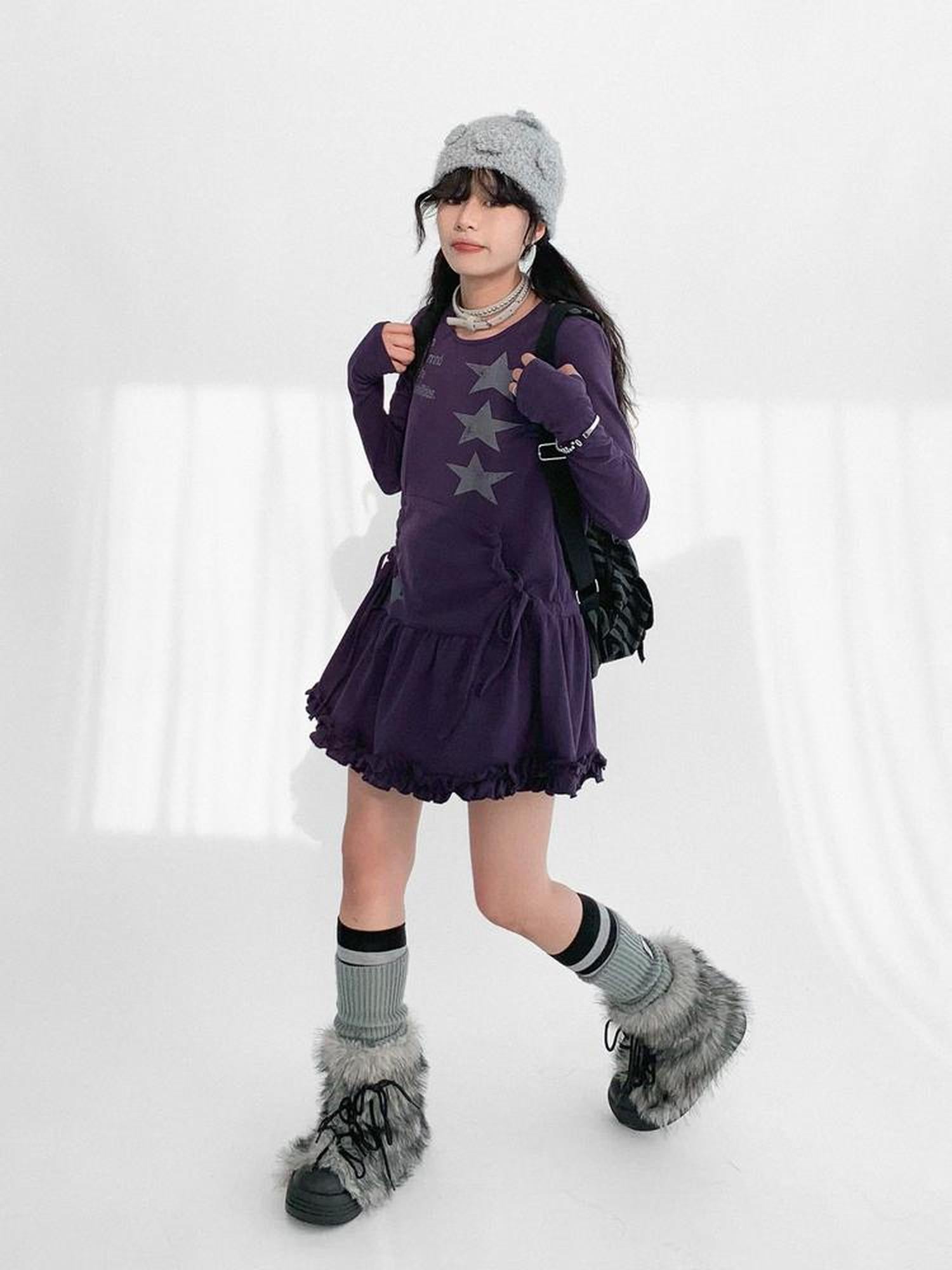 innomoood Blackberry Ruffle Print Drawstring Mini Dress