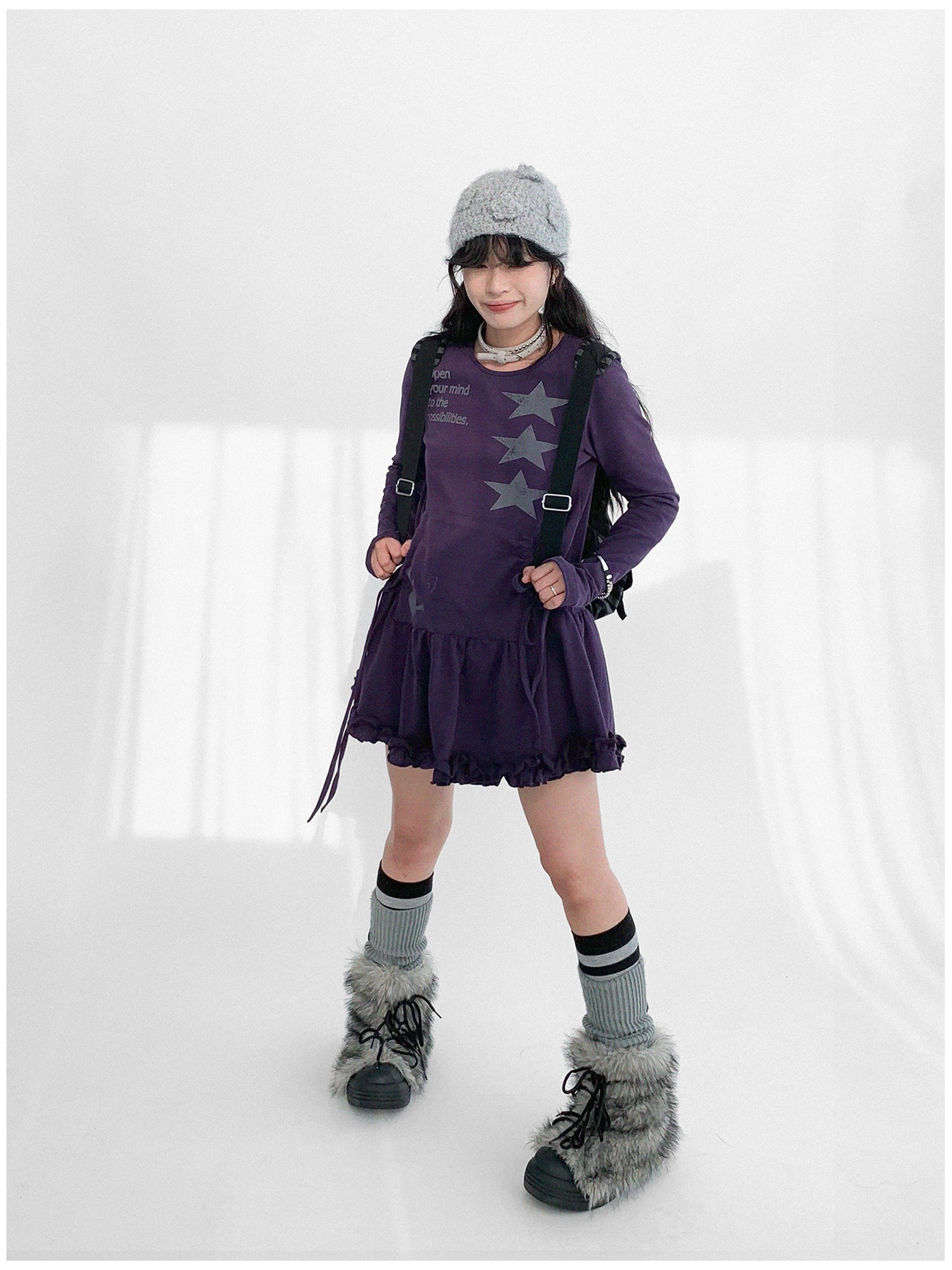 innomoood Blackberry Ruffle Print Drawstring Mini Dress