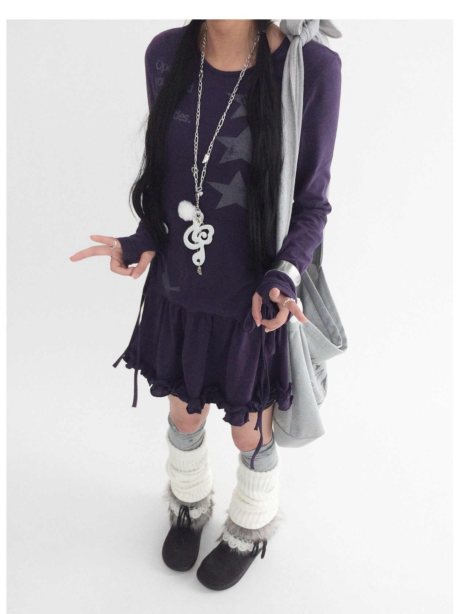 innomoood Blackberry Ruffle Print Drawstring Mini Dress