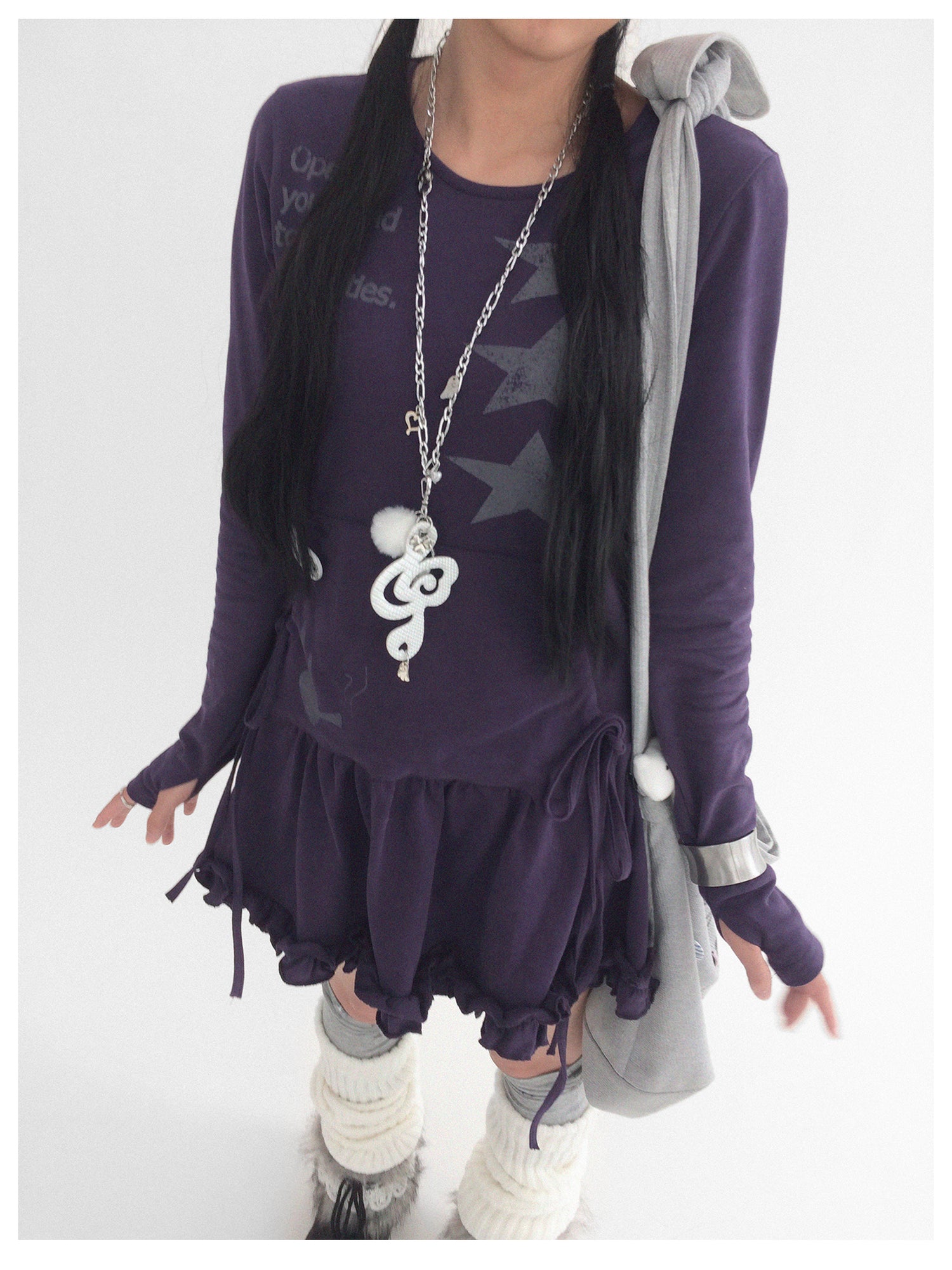 innomoood Blackberry Ruffle Print Drawstring Mini Dress