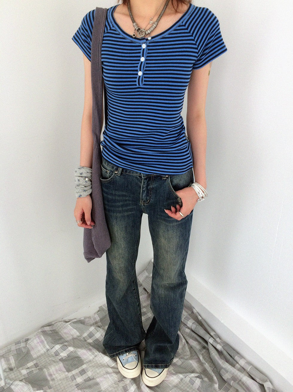 innomoood Blueberry Stripe Colorblock V-neck Open Front Slim Women&