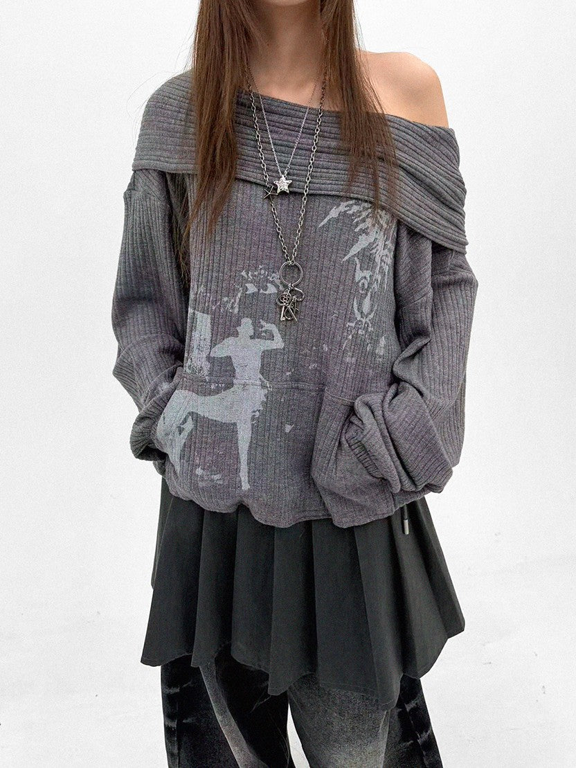 innomoood Cartoon Print Knit Off Shoulder Asymmetric Hooded Pullover Women&