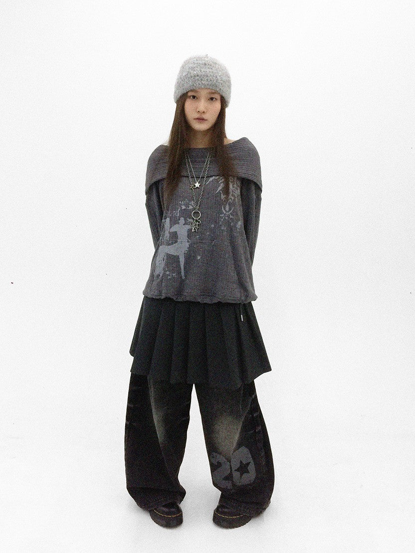 innomoood Cartoon Print Knit Off Shoulder Asymmetric Hooded Pullover Women&