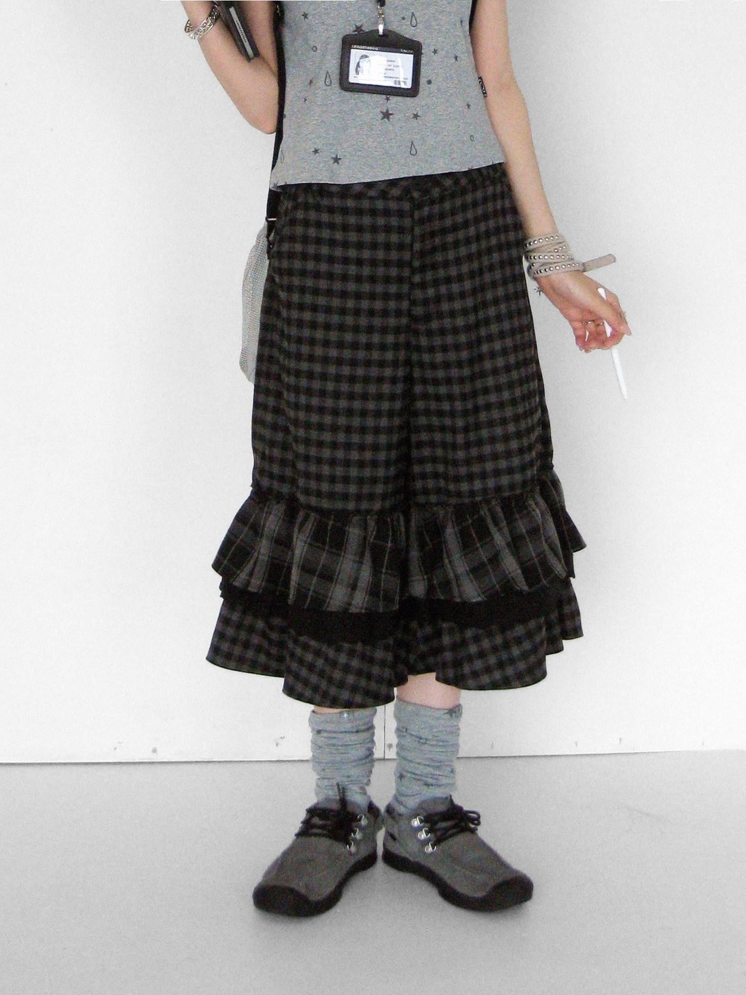 innomoood Cloud Check Layered Ruffle Lace A Line Wide Leg Women&