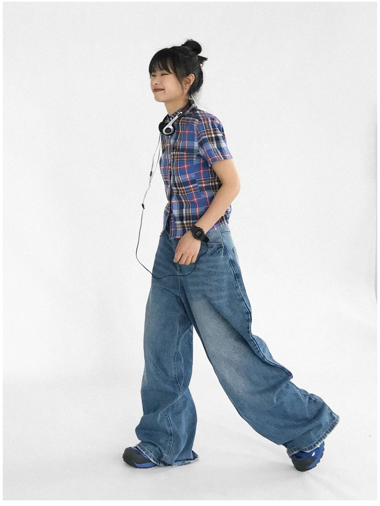 Color Block Plaid Collar Short Blouse