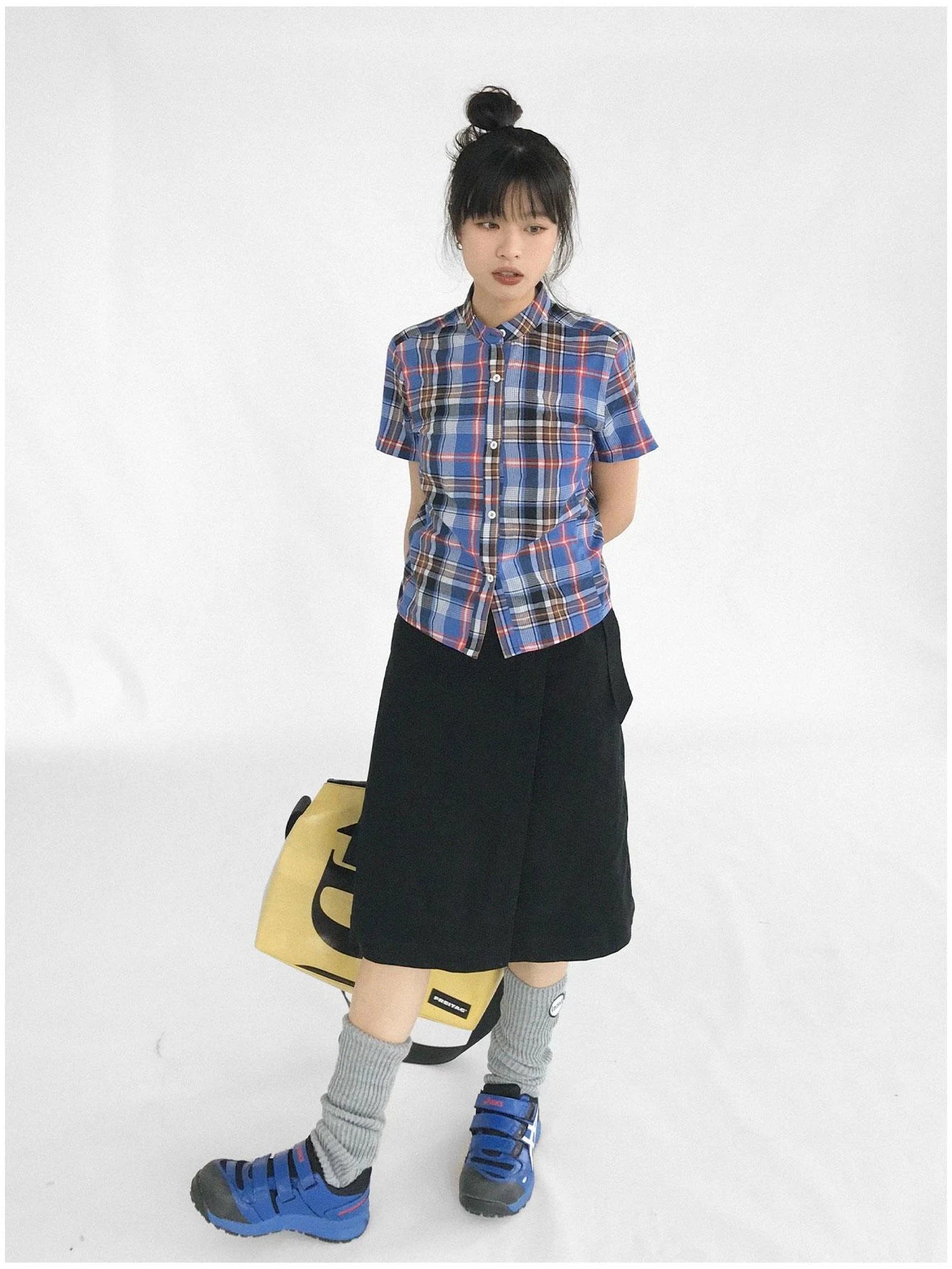 Color Block Plaid Collar Short Blouse