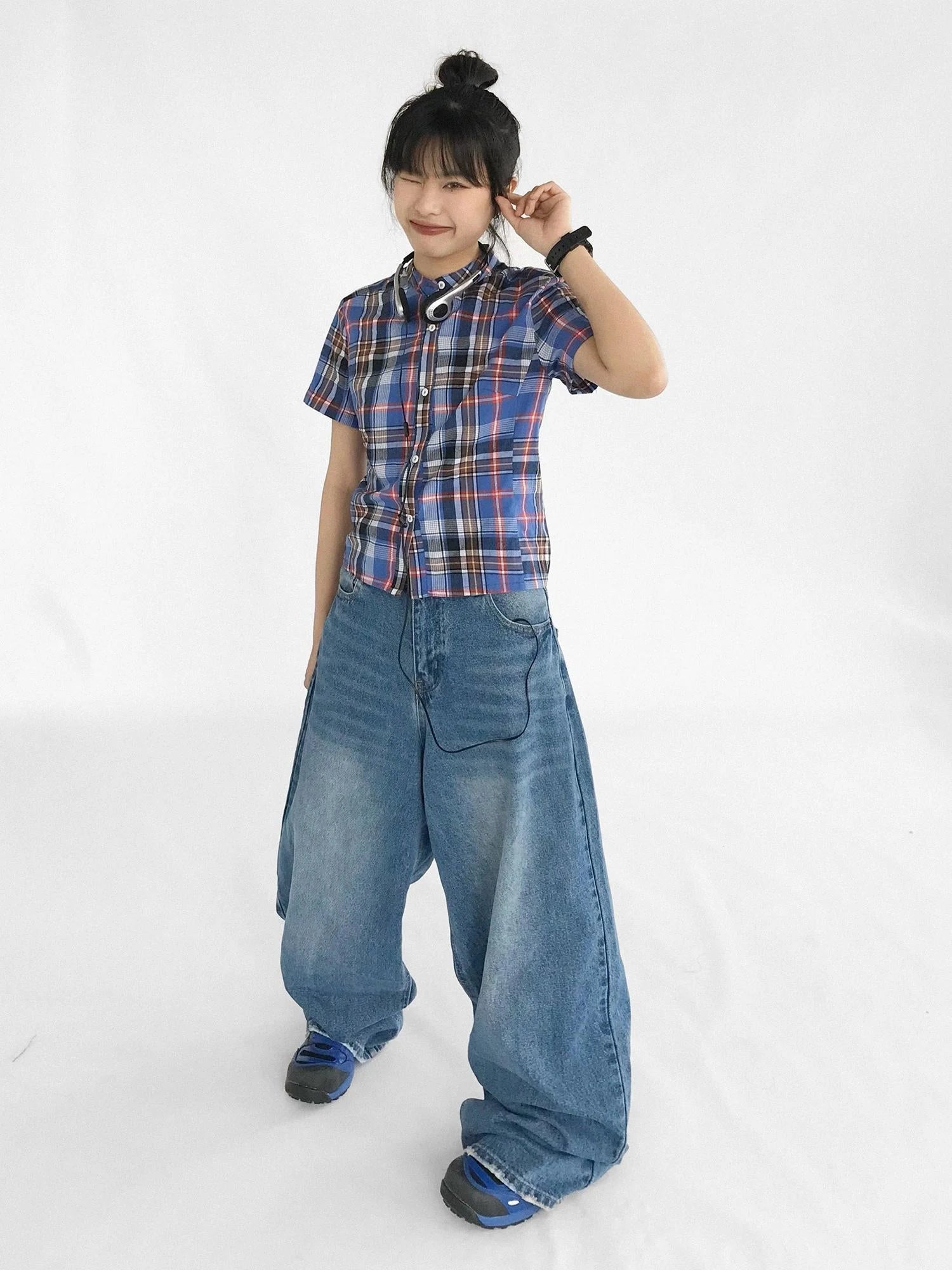 Color Block Plaid Collar Short Blouse