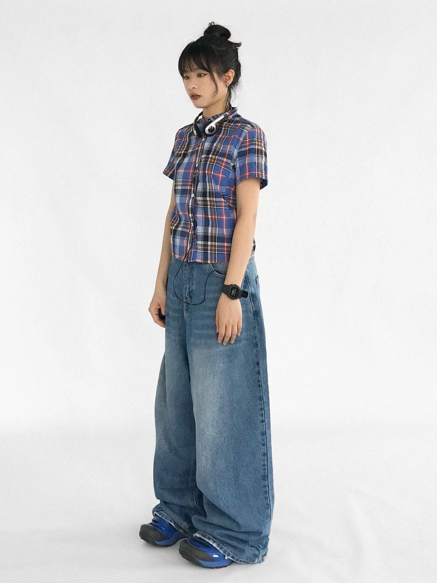 Color Block Plaid Collar Short Blouse