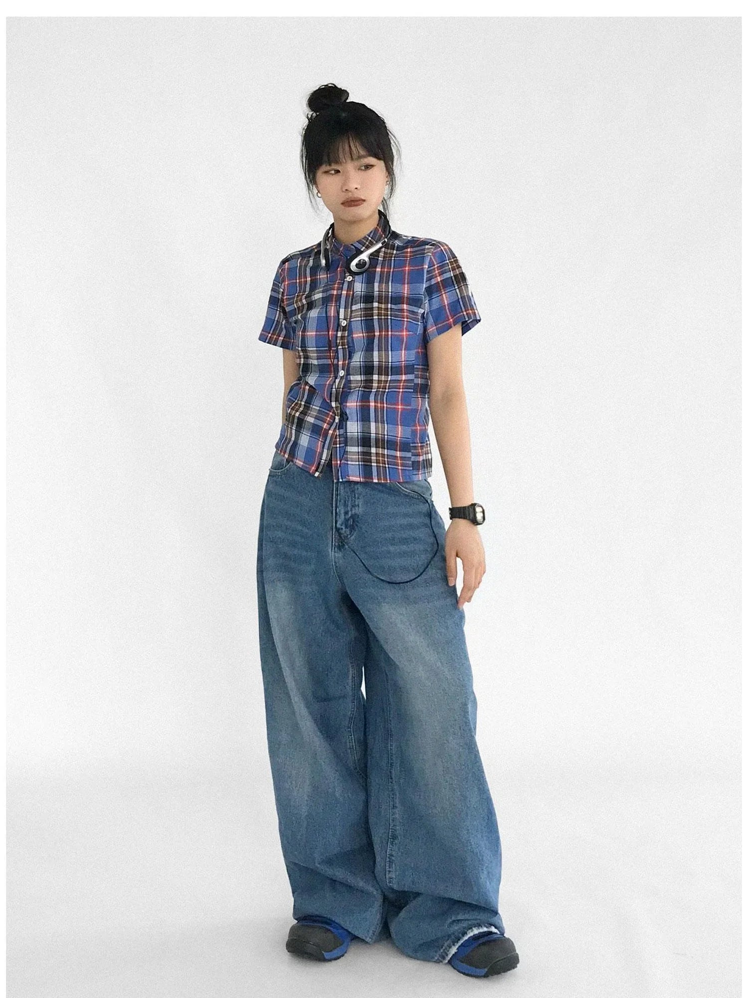 Color Block Plaid Collar Short Blouse