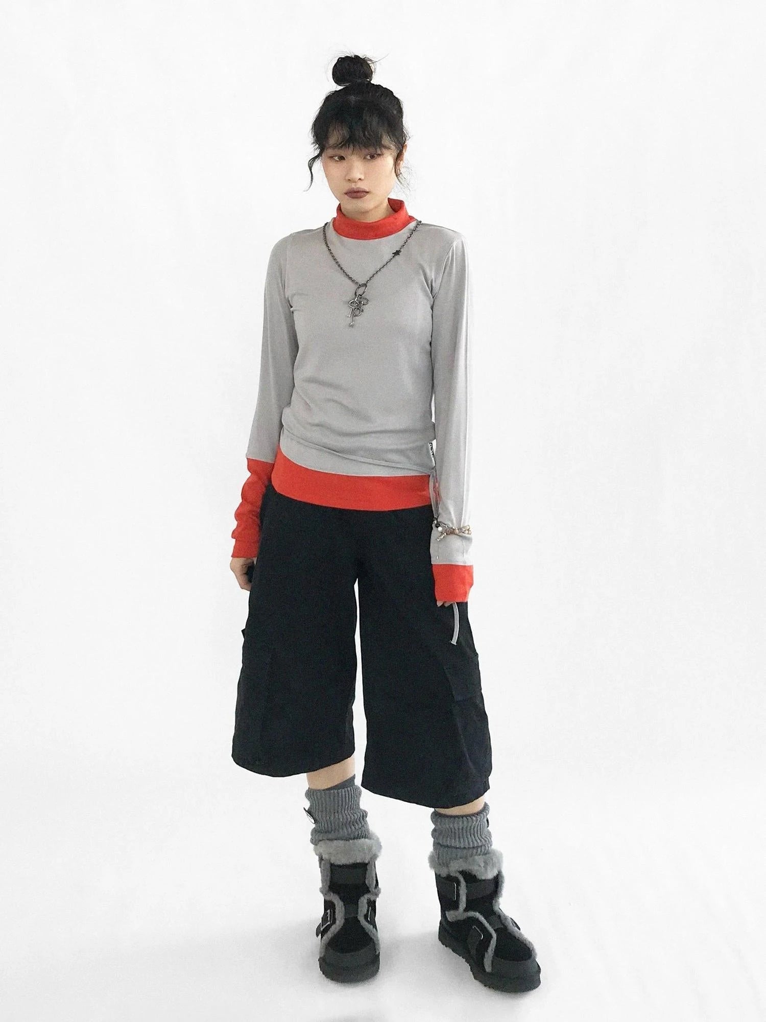 Contrast Trim Mock Neck Knit Base Layer