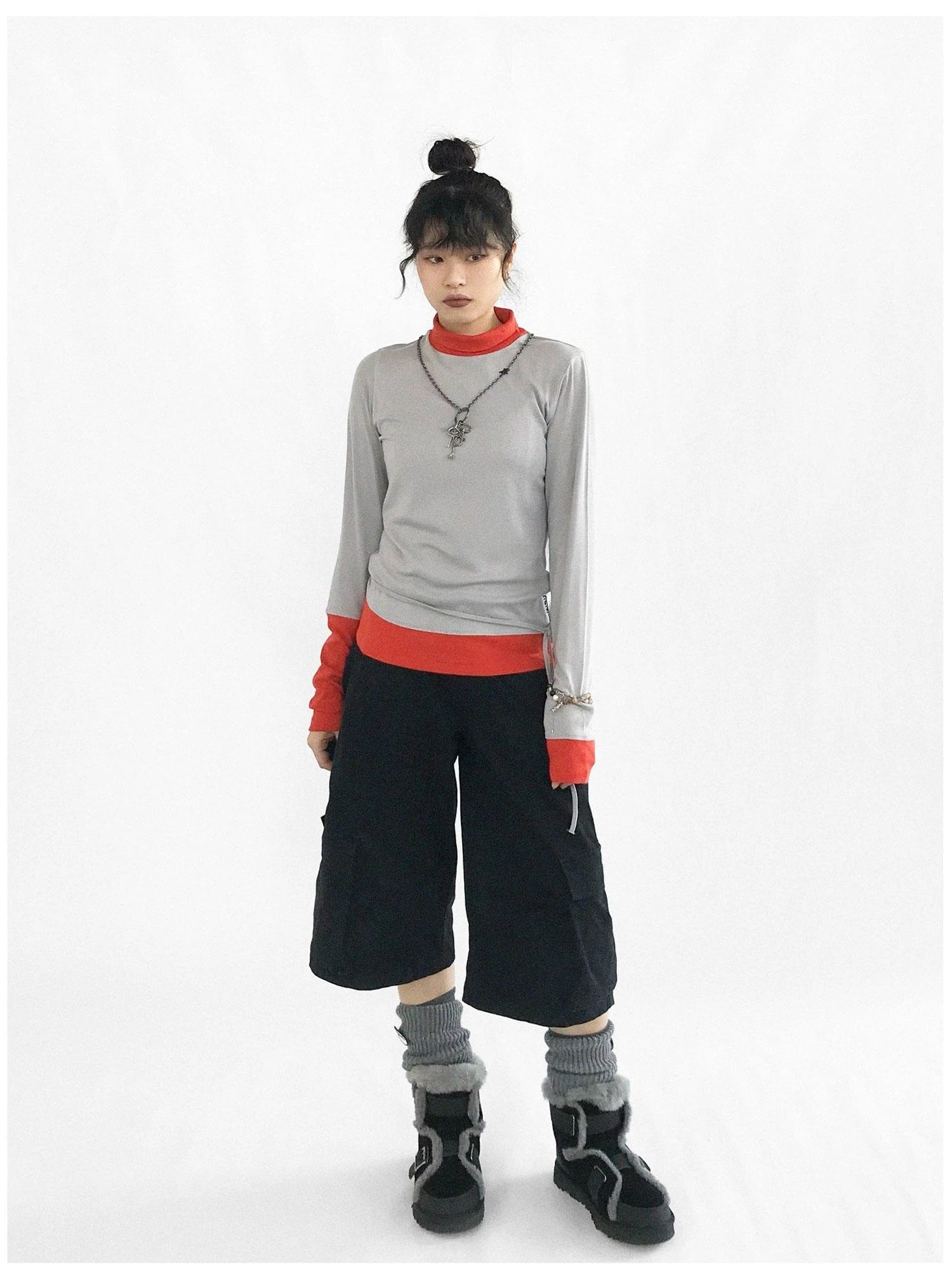 Contrast Trim Mock Neck Knit Base Layer