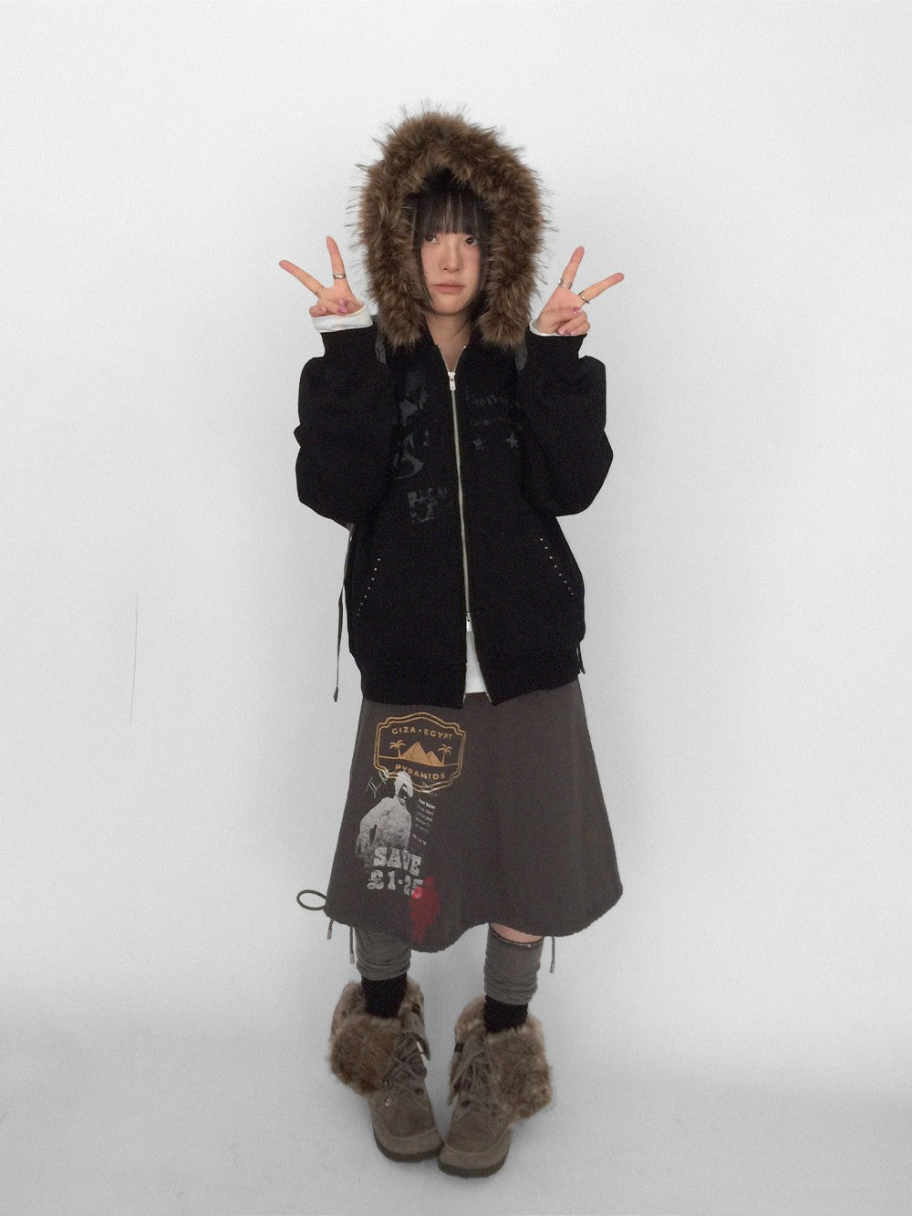 innomoood Corner Sticker Print Detachable Fur Collar Rivet Women&