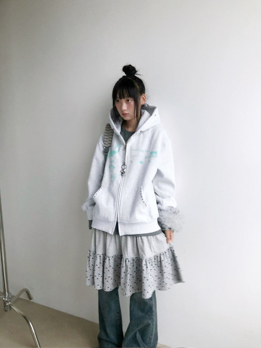 innomoood Corner Sticker Print Detachable Fur Collar Rivet Women&