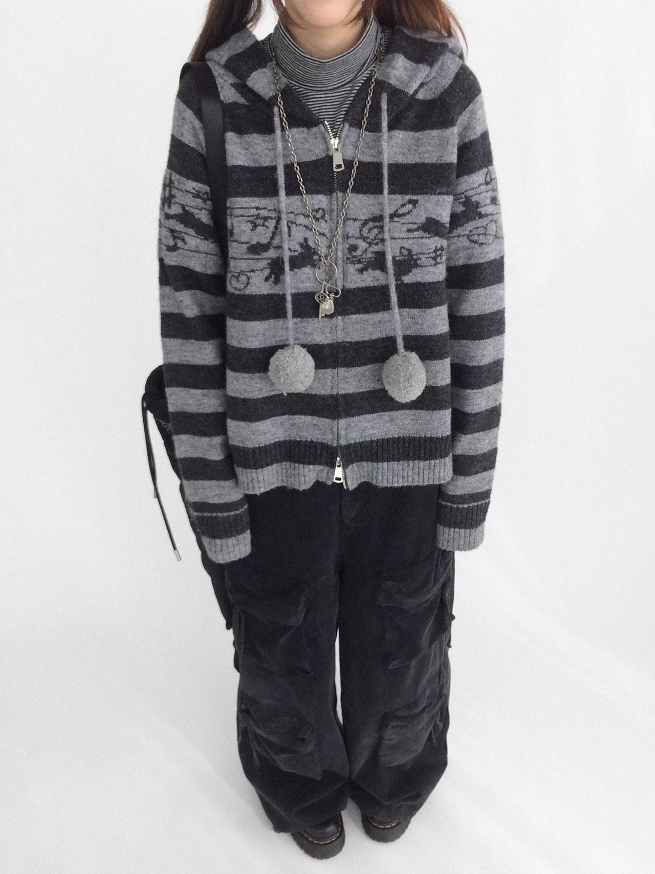 innomoood Cozy Bunny Band Zip Front Commuter Loose Fit Hooded Striped Women Hoodies