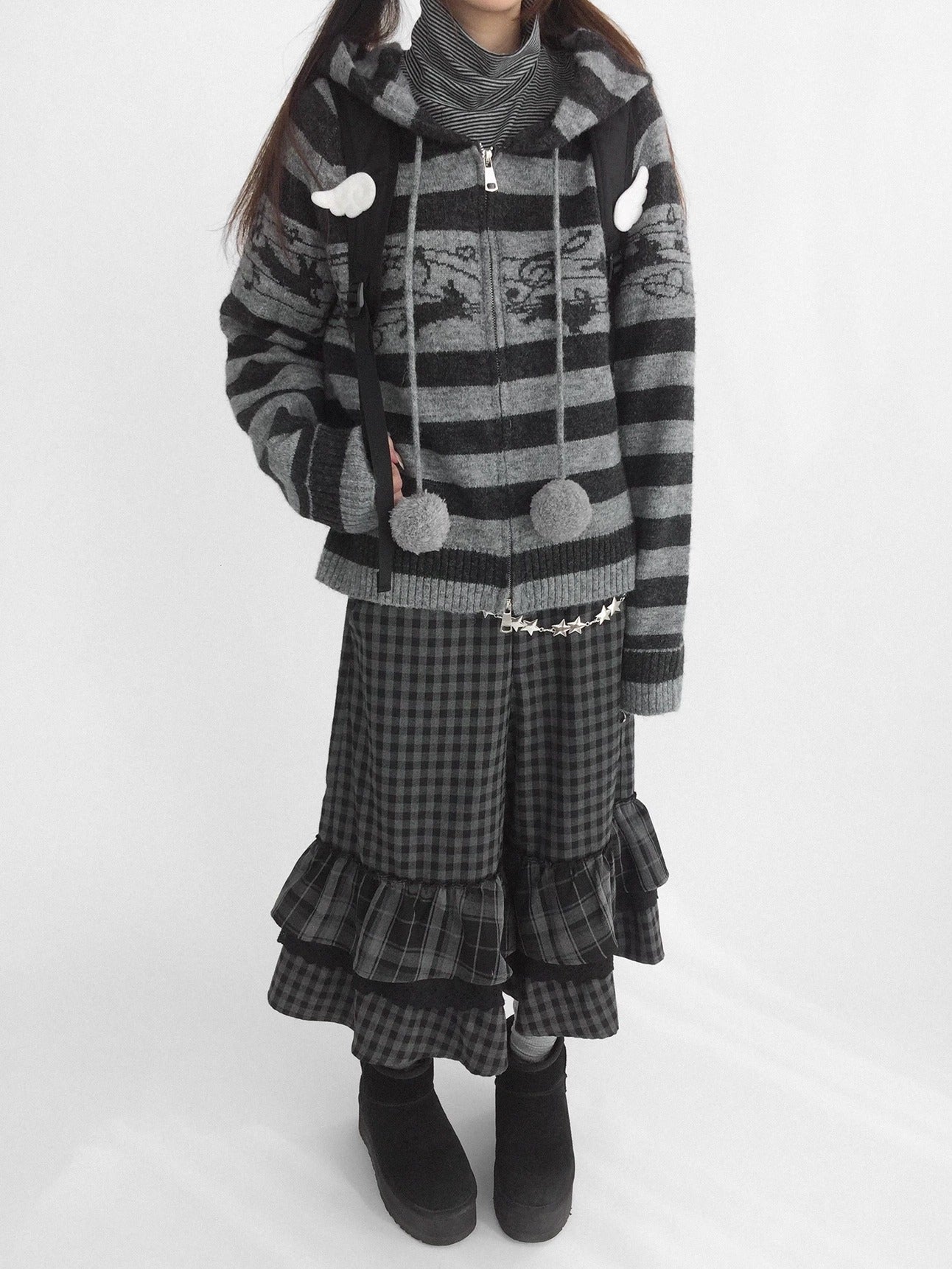 innomoood Cozy Bunny Band Zip Front Commuter Loose Fit Hooded Striped Women Hoodies