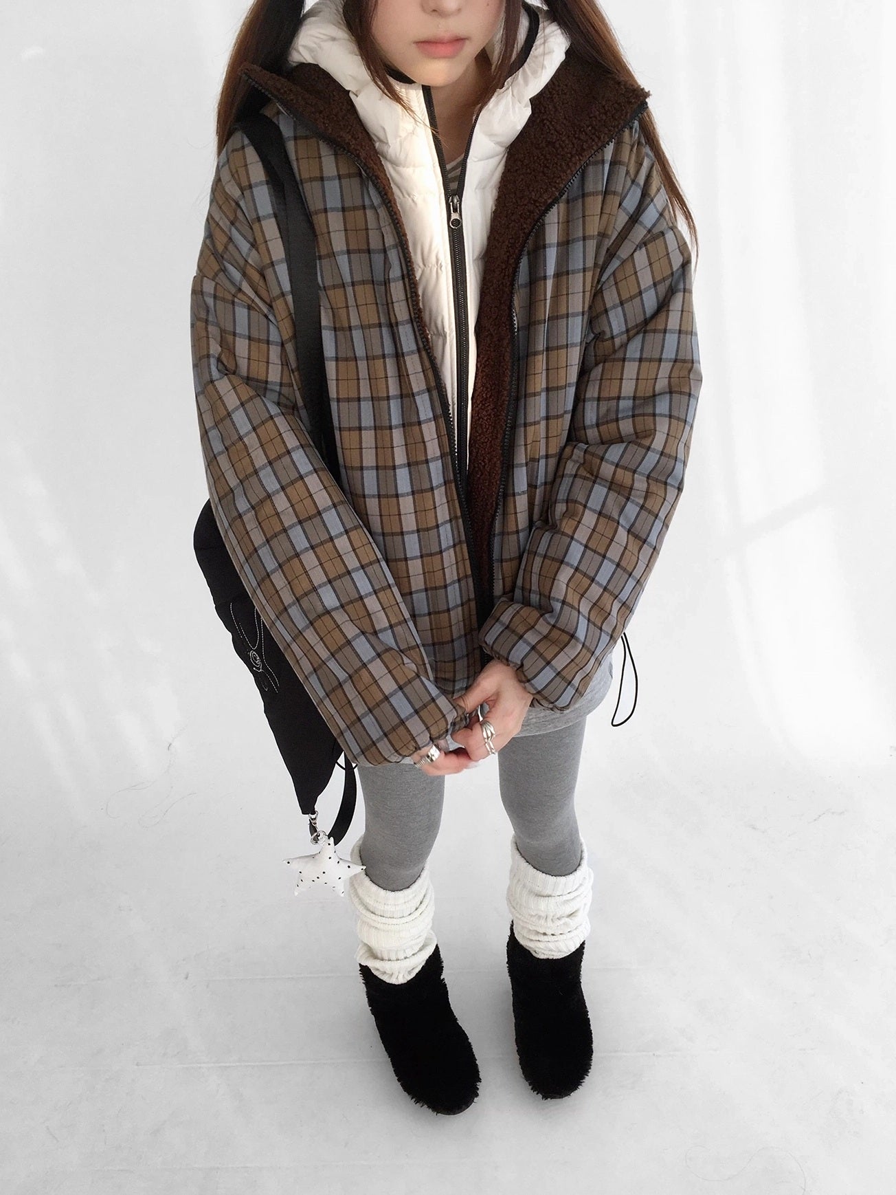 innomoood Cozy Insulated Plaid Loose Fit Hooded Commuter Women Zip Outerwear Puffer Jacket