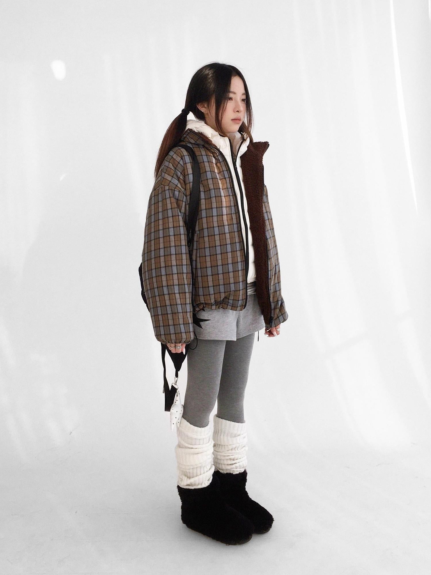 innomoood Cozy Insulated Plaid Loose Fit Hooded Commuter Women Zip Outerwear Puffer Jacket