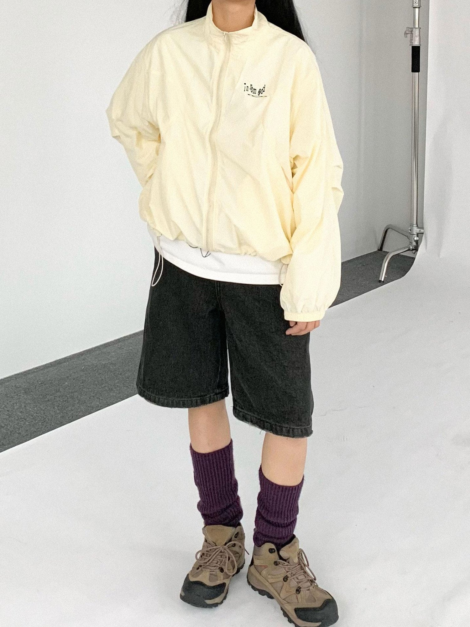 innomoood Creamy Yellow Arc Seam Nylon Sun Protective Oversized Jacket