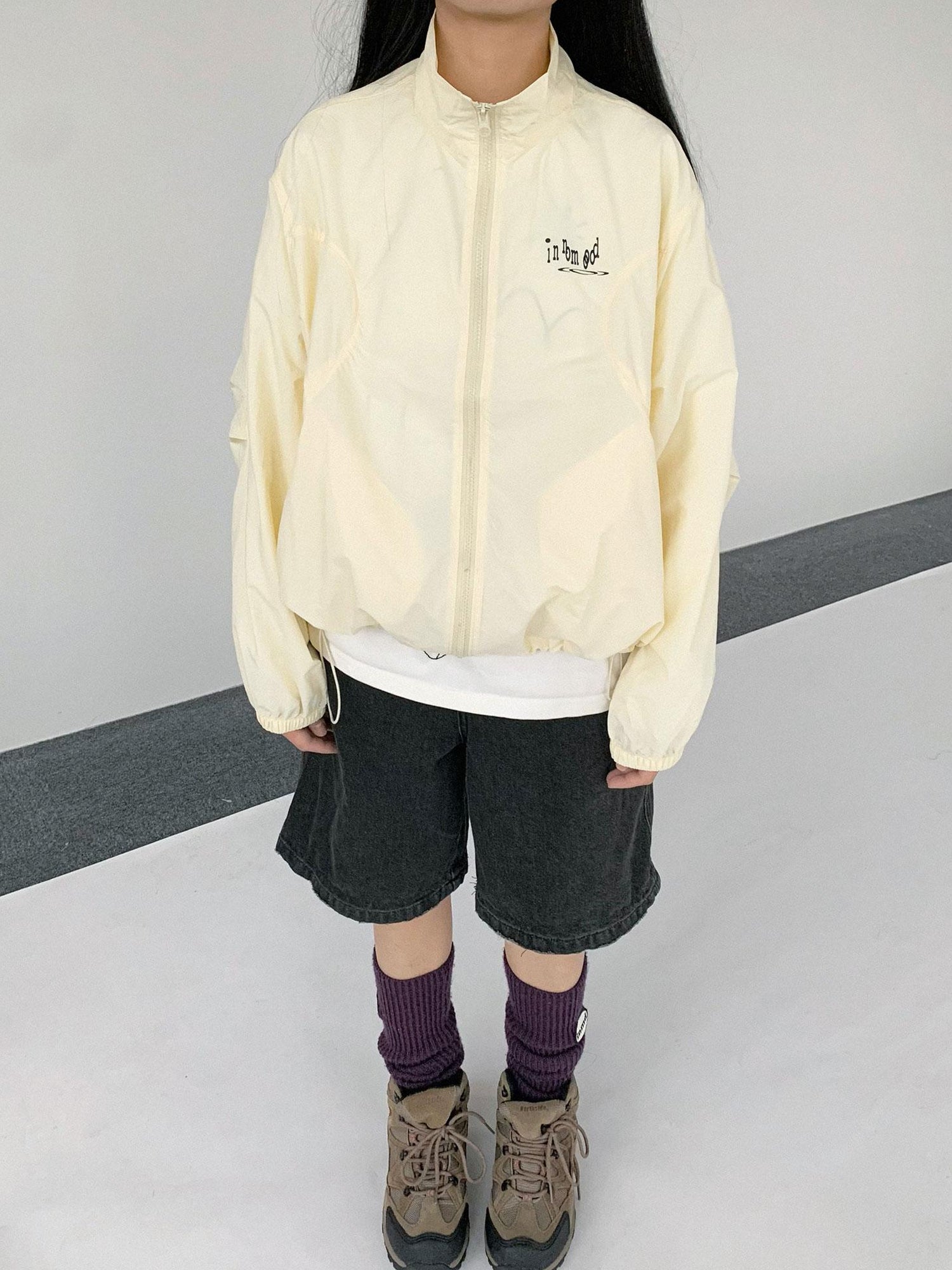 innomoood Creamy Yellow Arc Seam Nylon Sun Protective Oversized Jacket
