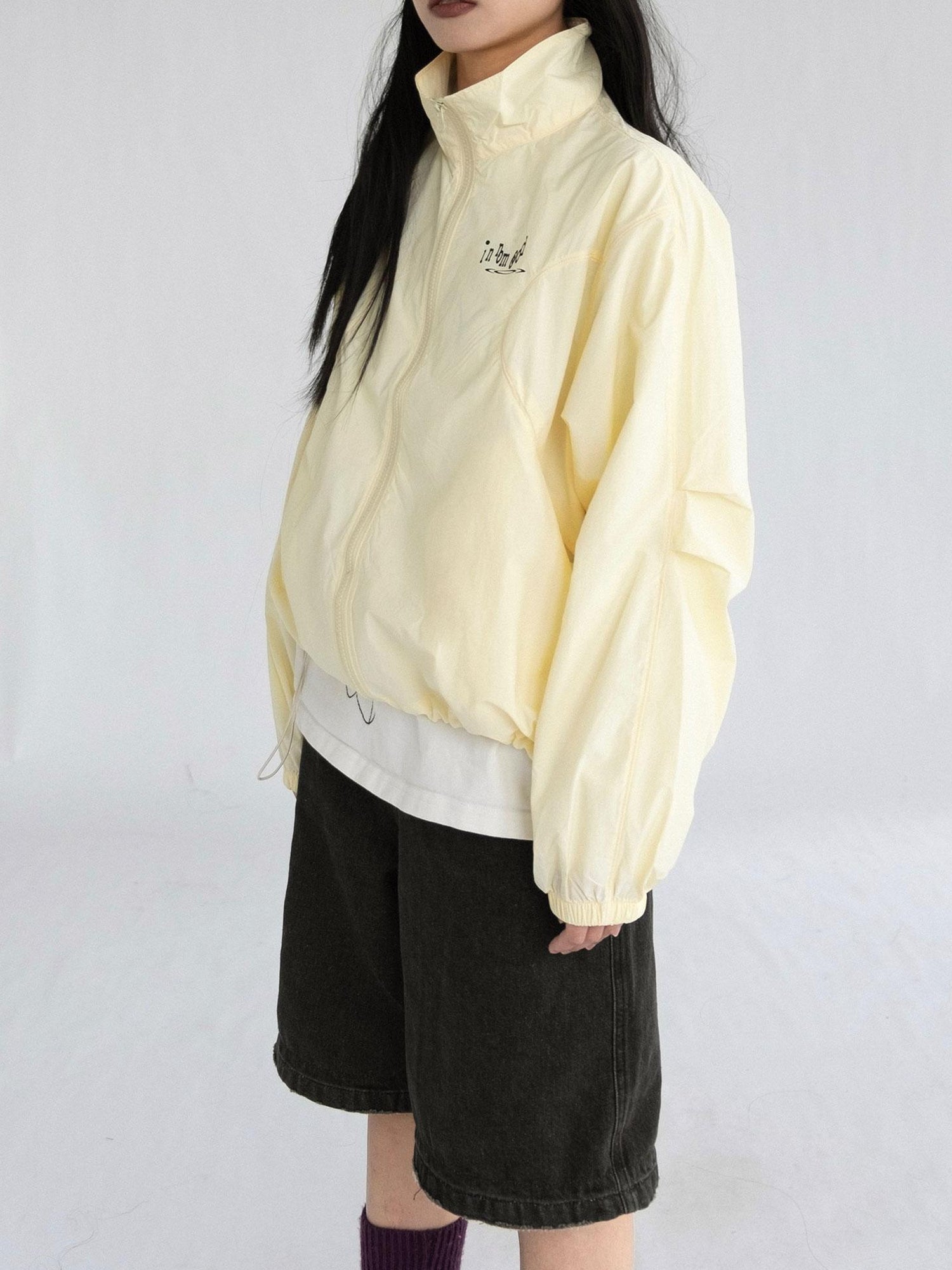 innomoood Creamy Yellow Arc Seam Nylon Sun Protective Oversized Jacket