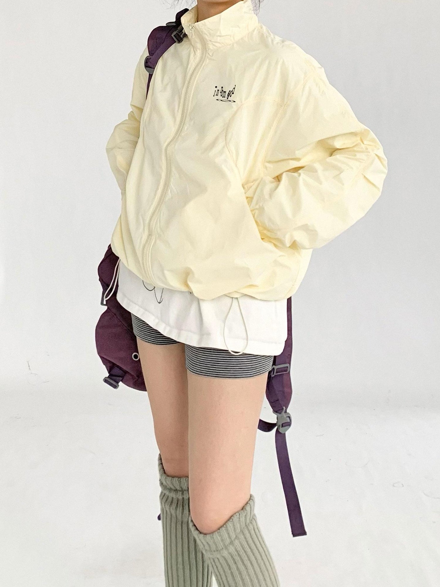 innomoood Creamy Yellow Arc Seam Nylon Sun Protective Oversized Jacket