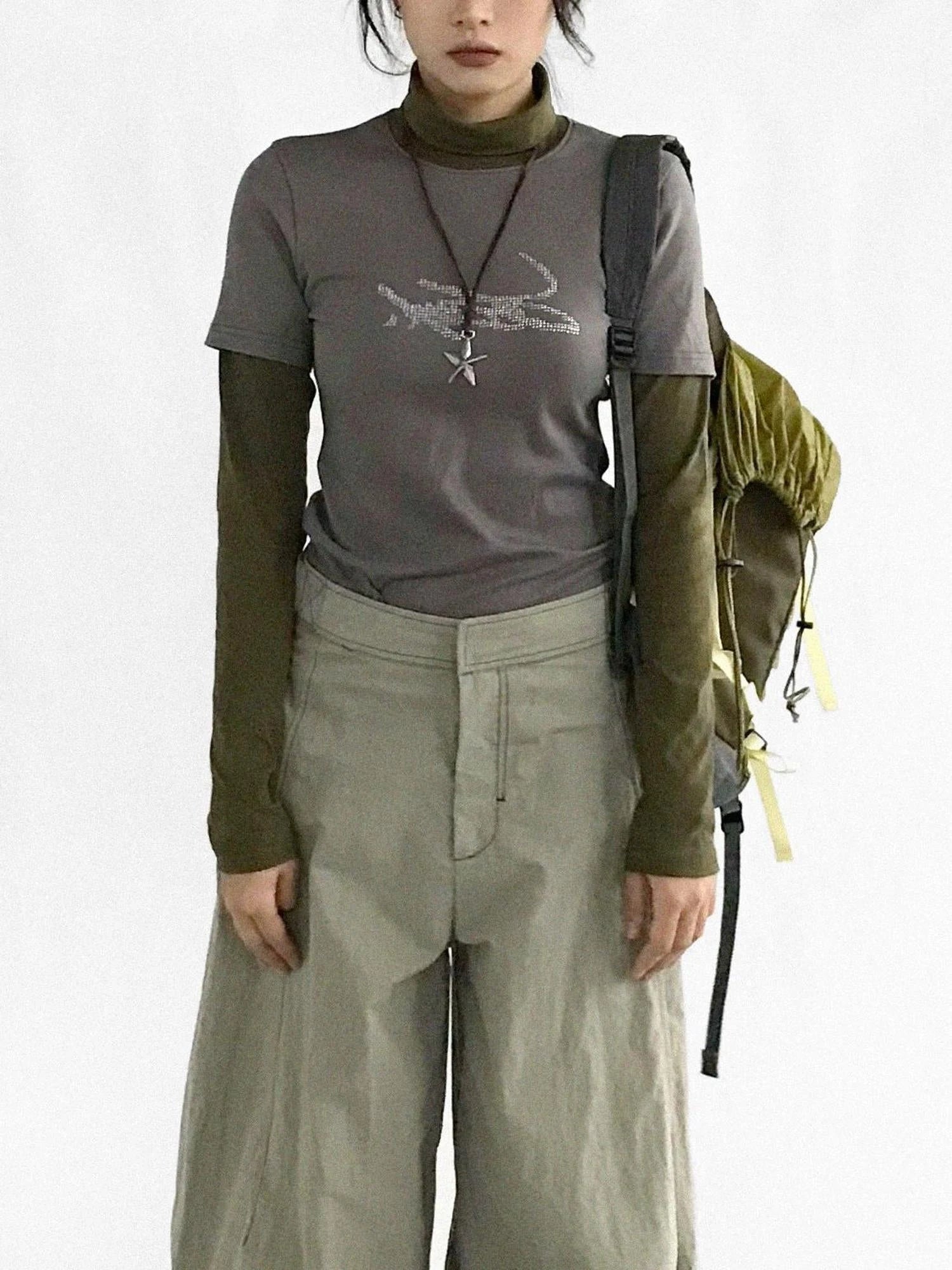 Crystal Rhinestone Color Block High Neck Tee