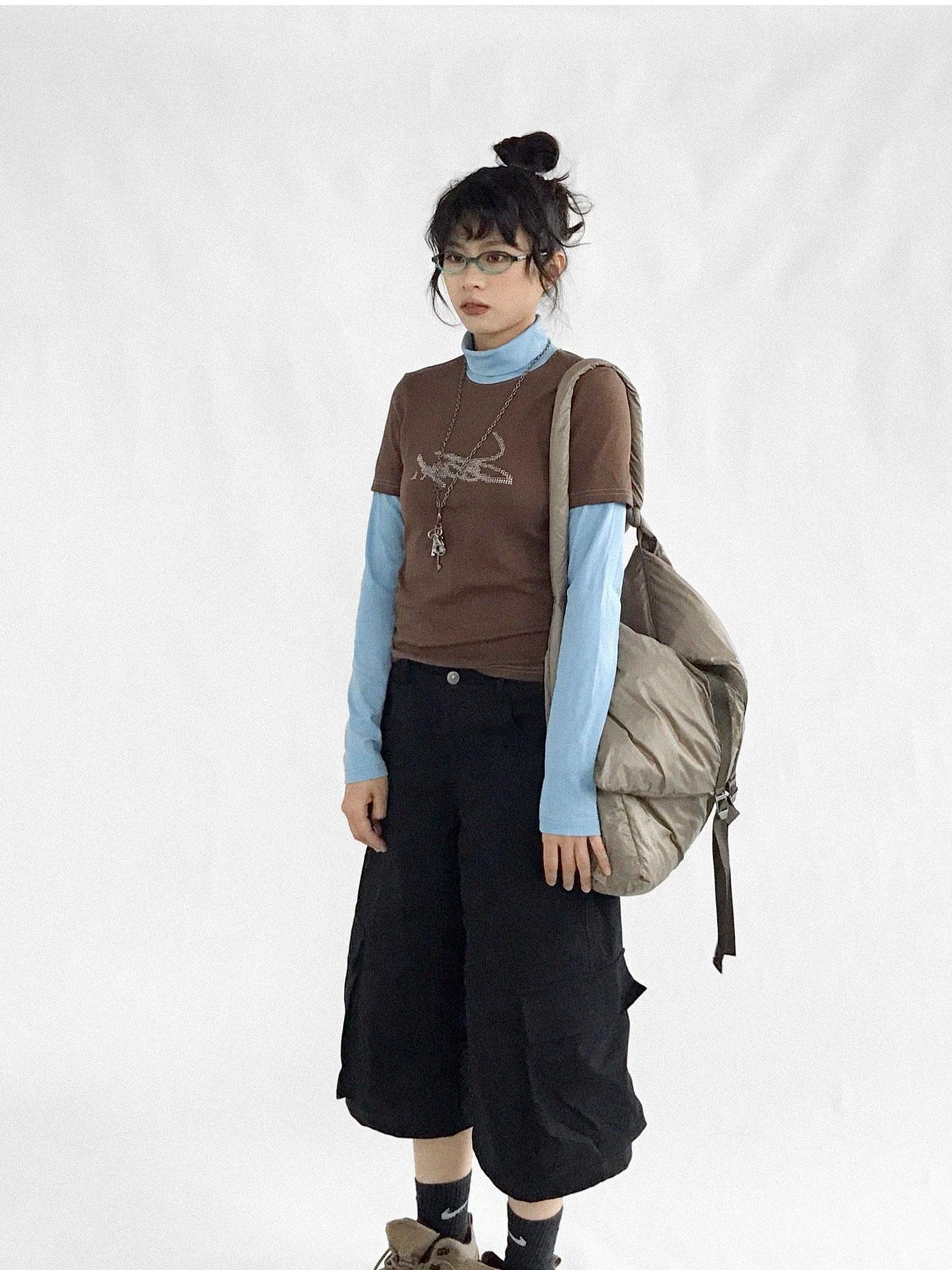 innomoood Crystal Rhinestone Color Block High Neck Tee