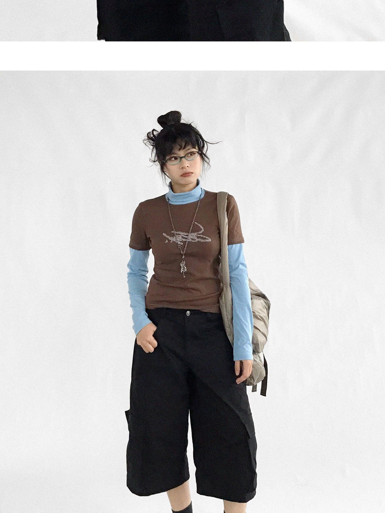 innomoood Crystal Rhinestone Color Block High Neck Tee