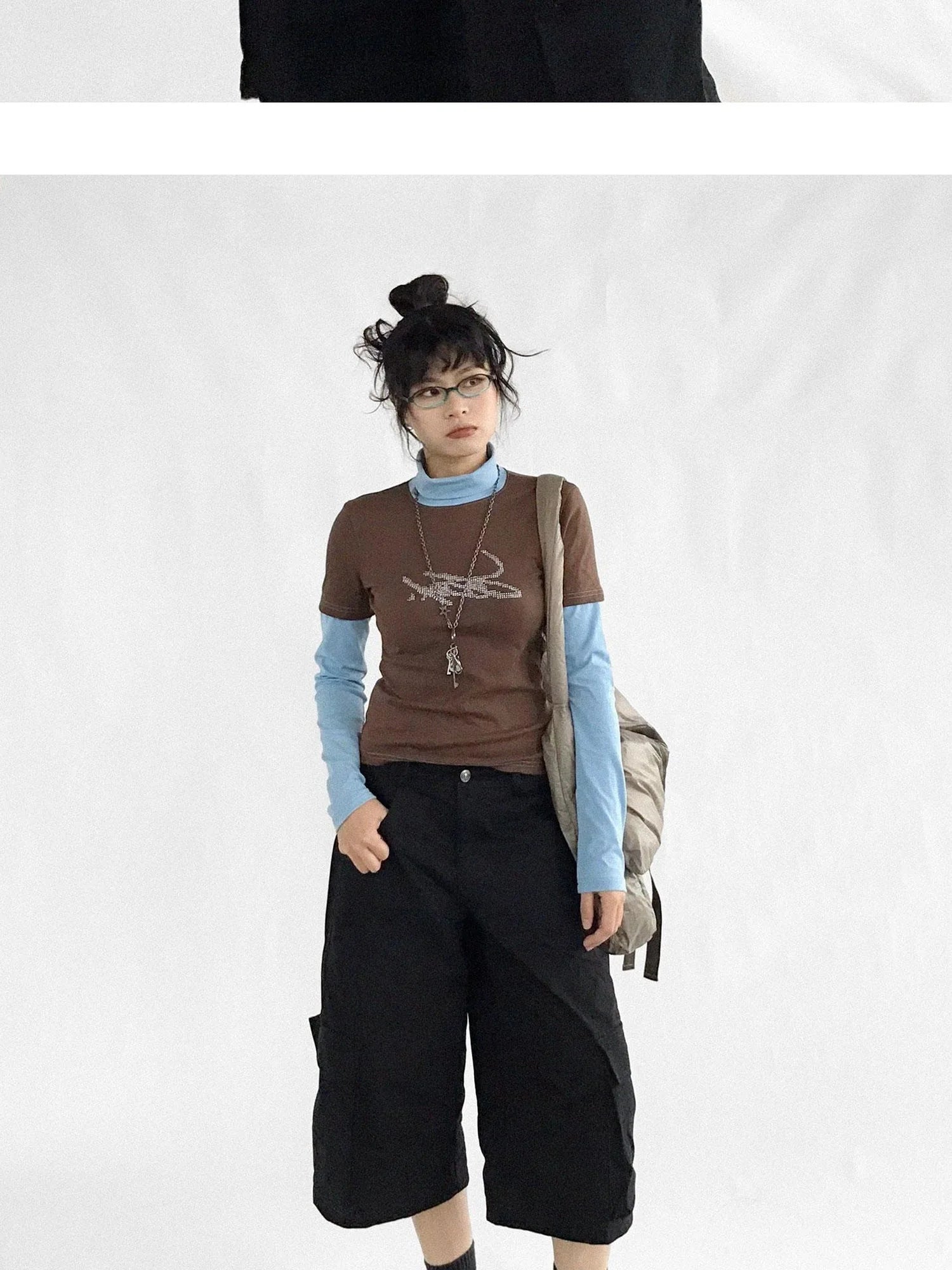 Crystal Rhinestone Color Block High Neck Tee