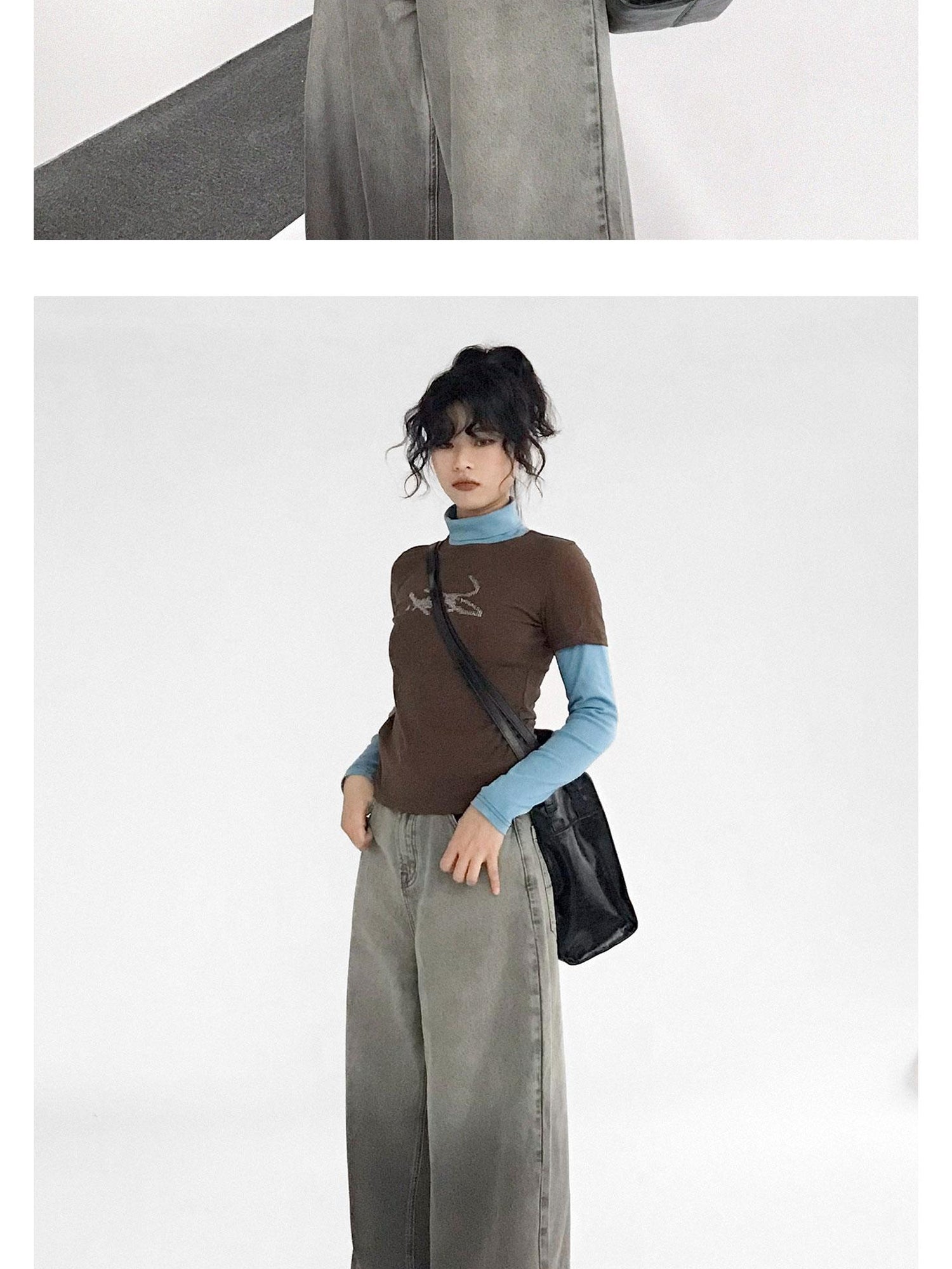 innomoood Crystal Rhinestone Color Block High Neck Tee
