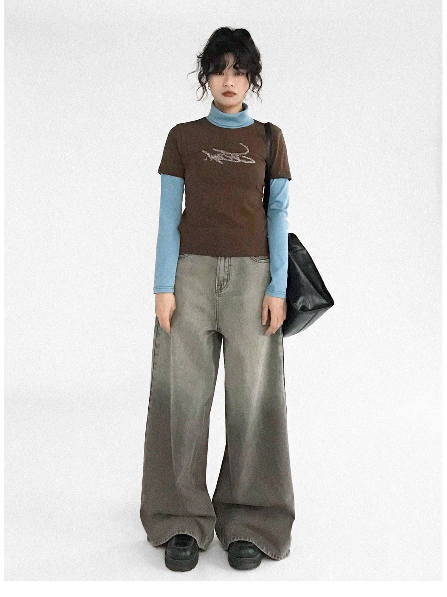 innomoood Crystal Rhinestone Color Block High Neck Tee