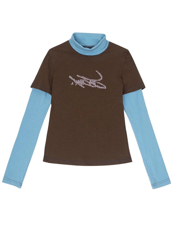 Crystal Rhinestone Color Block High Neck Tee