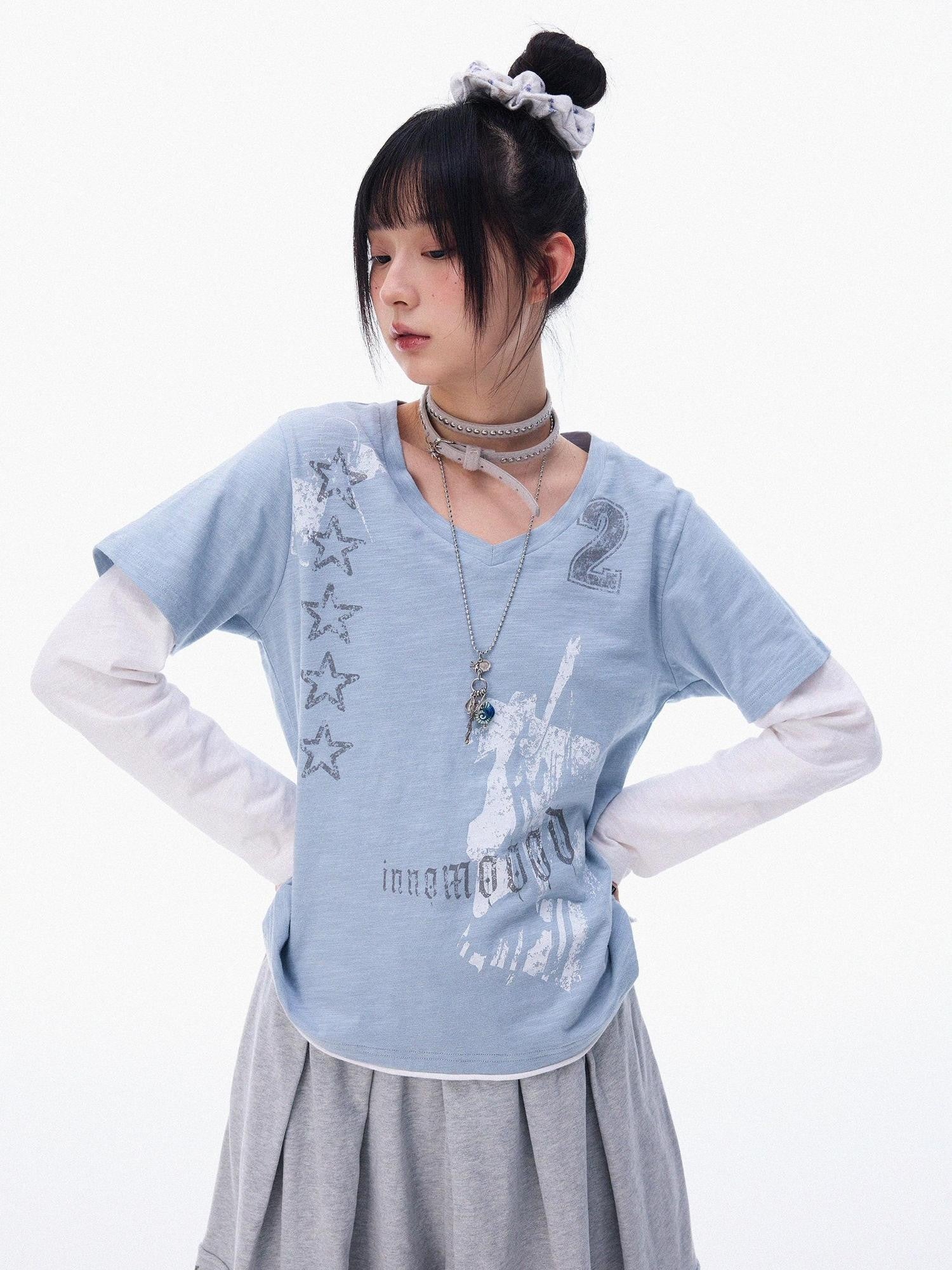 innomoood Distressed Printed Faux Layer V-neck Women&