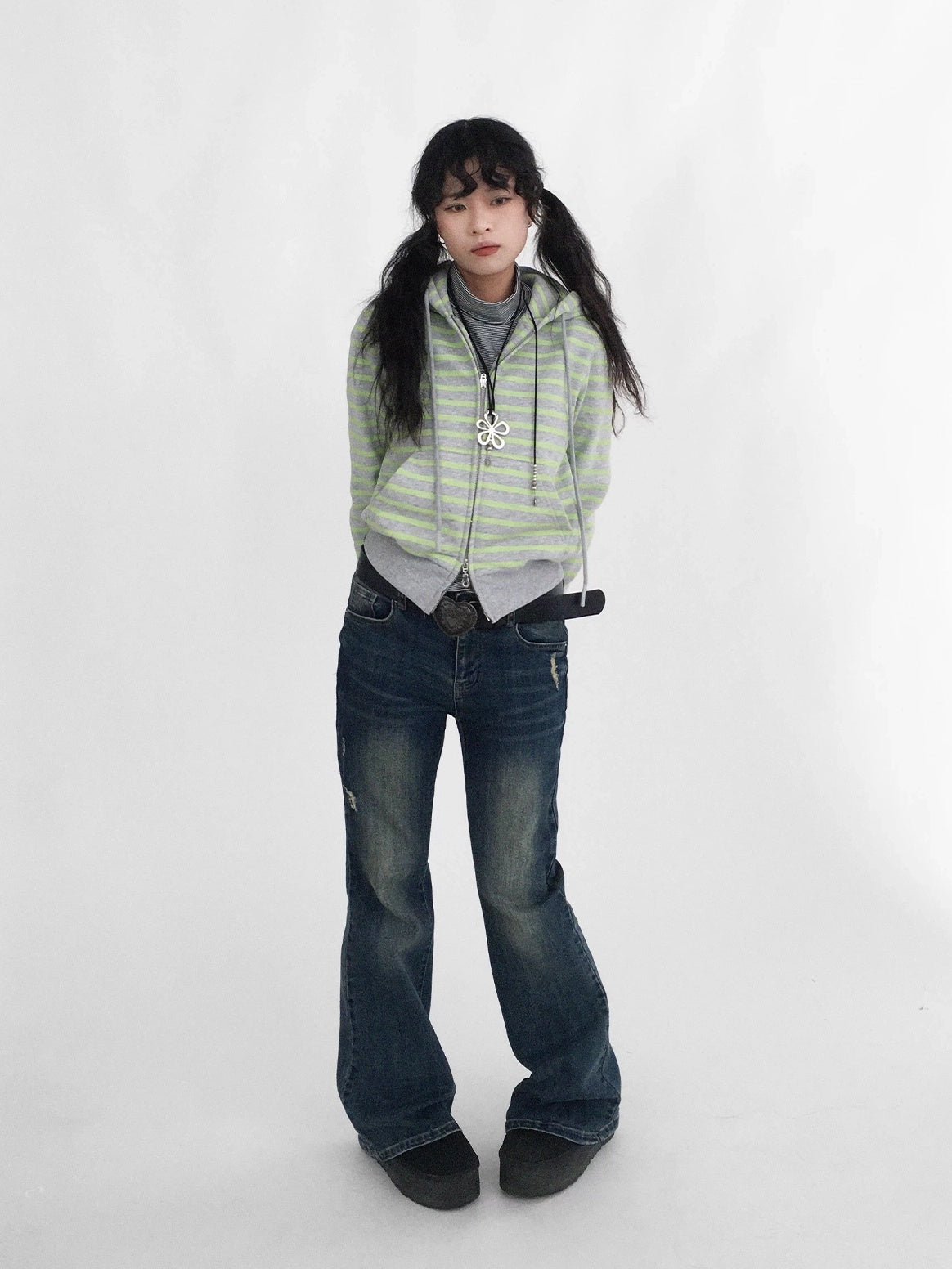 innomoood Distressed Vintage Slim Low Rise Slight Stretch Denim For Women Blue Jeans