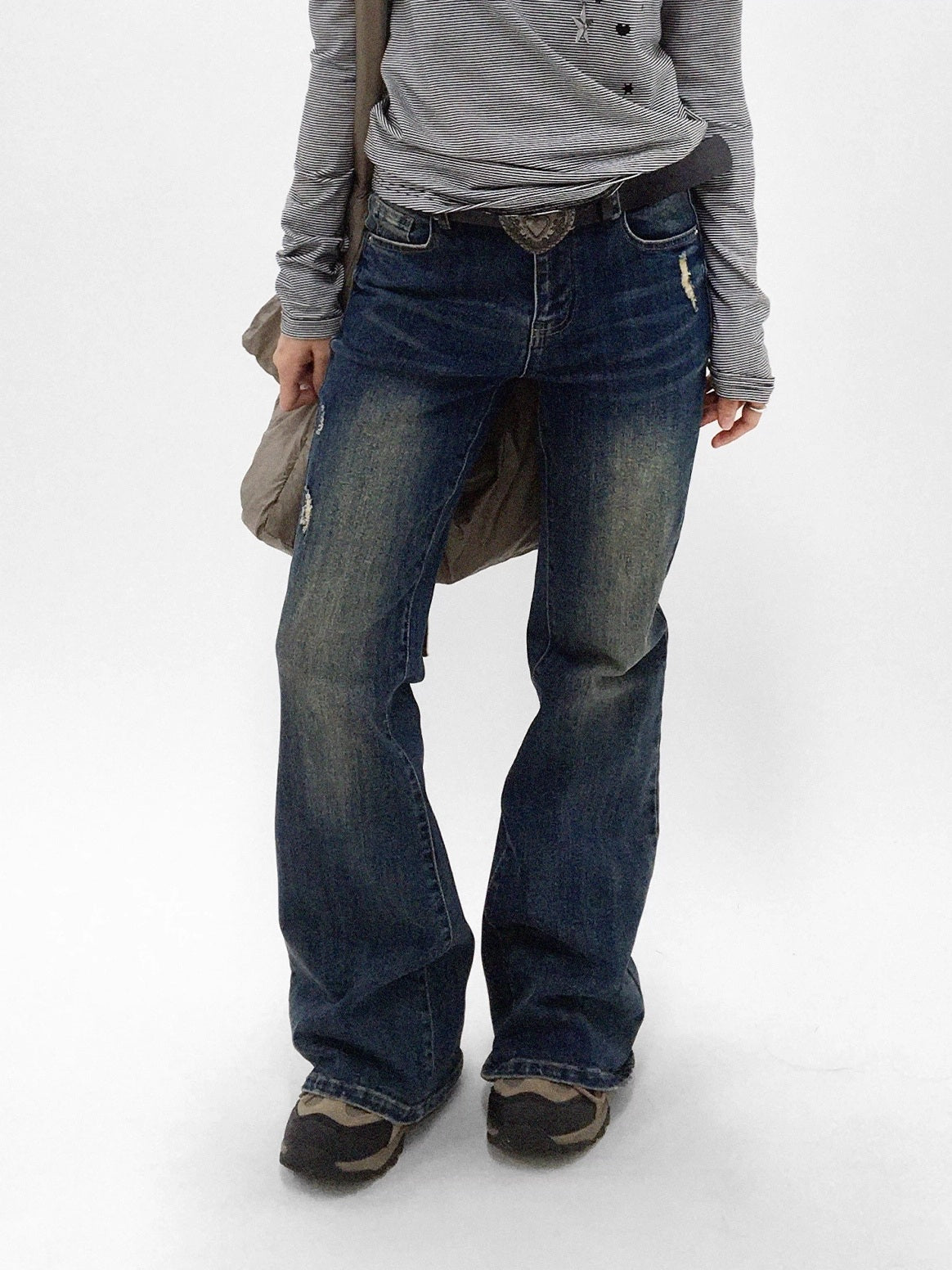 innomoood Distressed Vintage Slim Low Rise Slight Stretch Denim For Women Blue Jeans