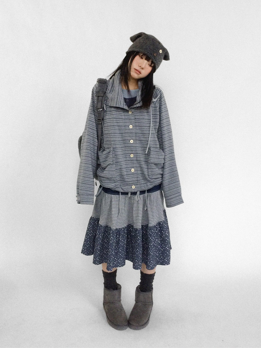 innomoood Ditsy Floral Spliced Striped Denim A Line Ruched Knit Women&