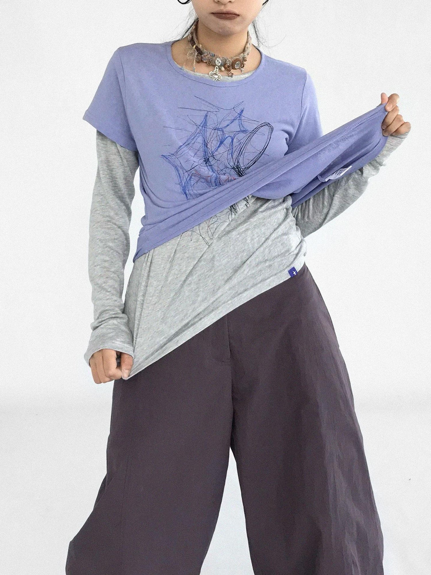 innomoood Doodle Line Graphic Tee And Long Sleeve Two Piece Set