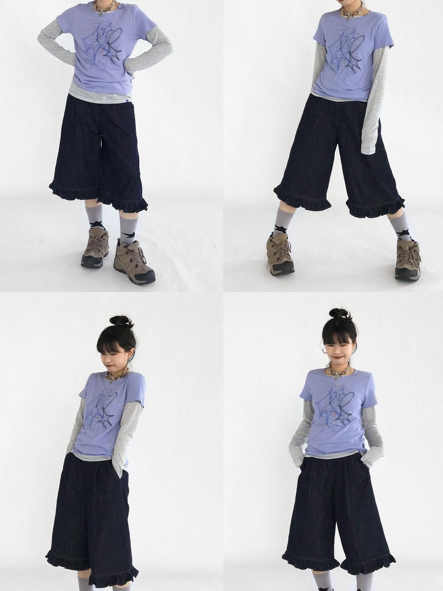innomoood Doodle Line Graphic Tee And Long Sleeve Two Piece Set