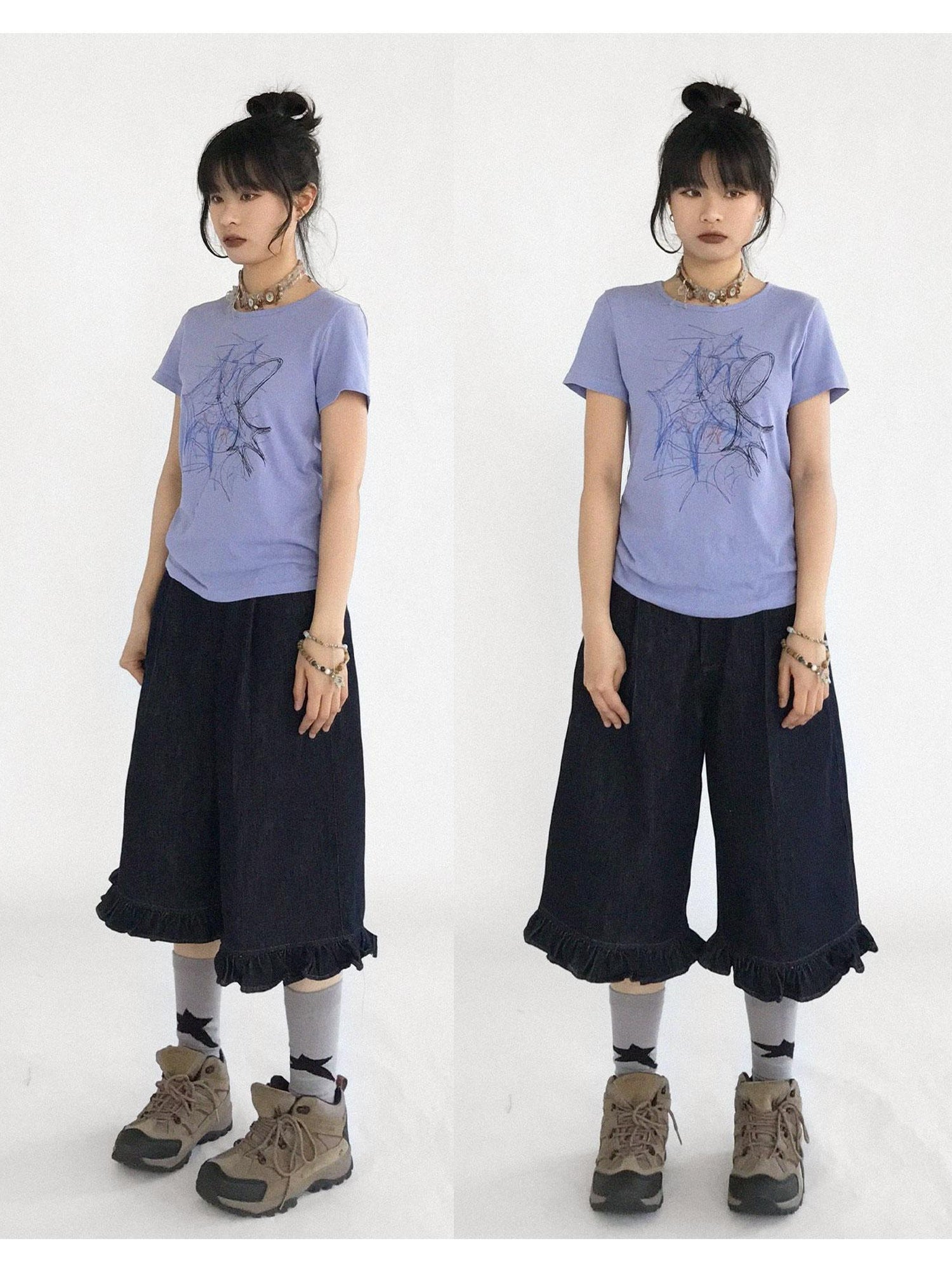 innomoood Doodle Line Graphic Tee And Long Sleeve Two Piece Set
