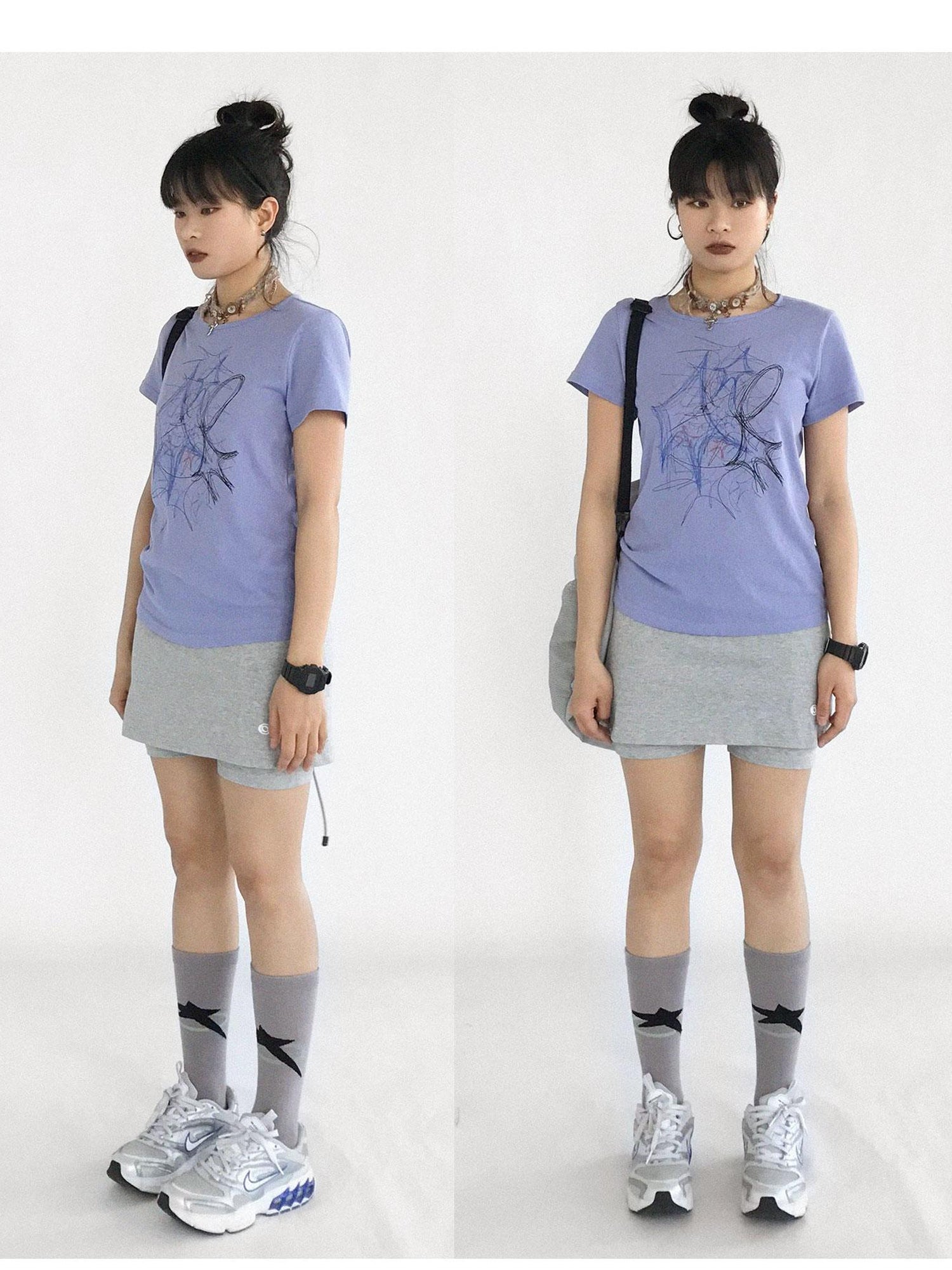 innomoood Doodle Line Graphic Tee And Long Sleeve Two Piece Set
