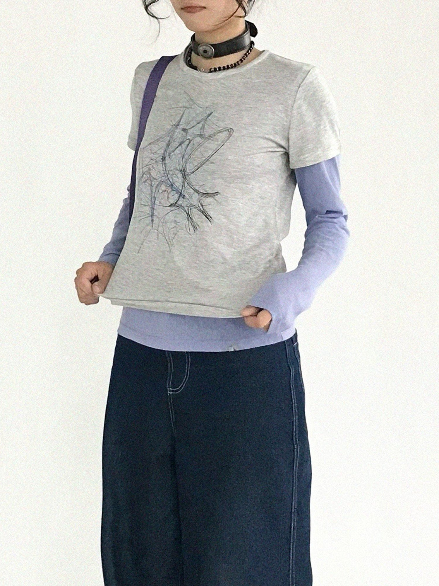 innomoood Doodle Line Graphic Tee And Long Sleeve Two Piece Set