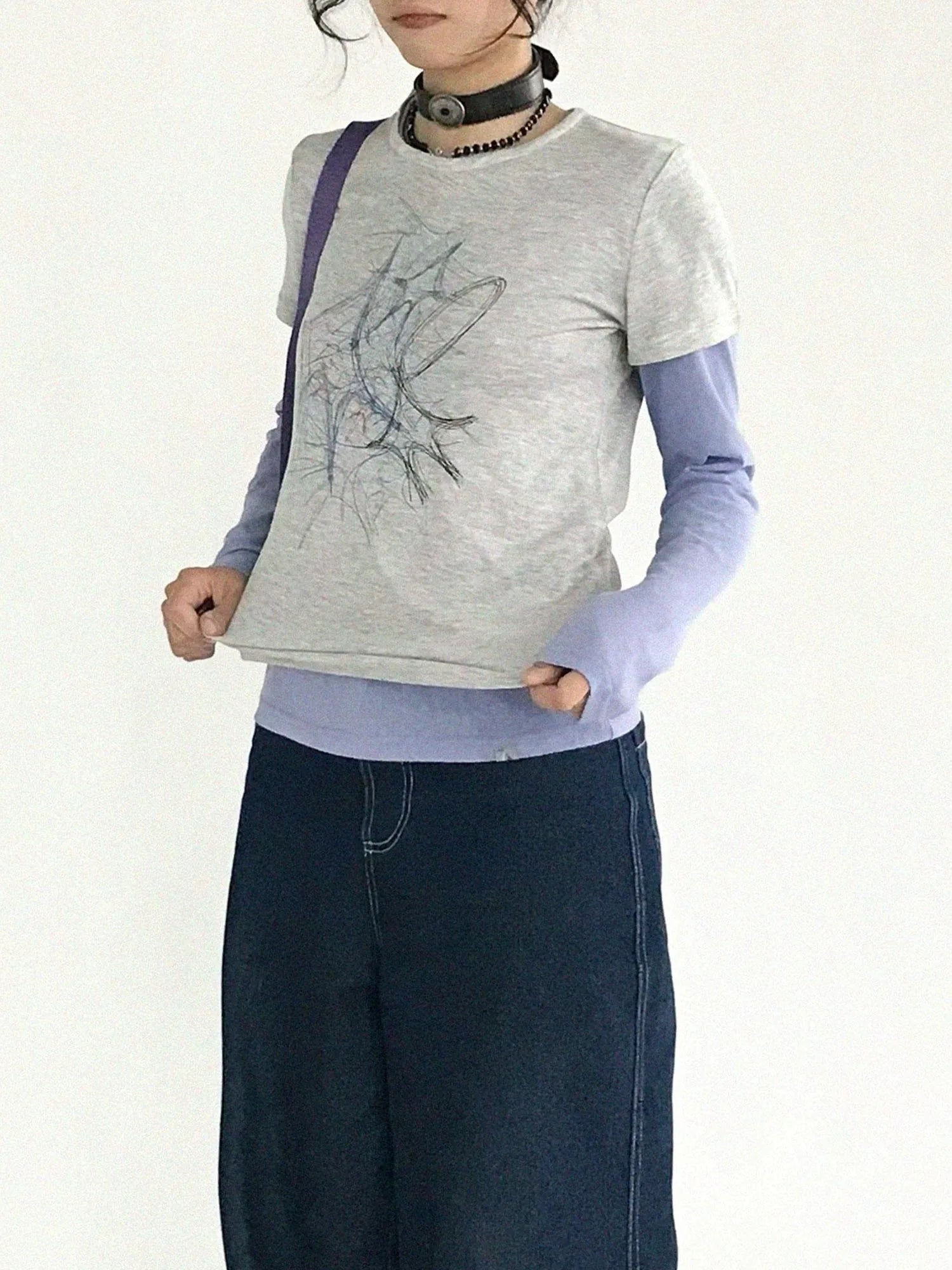 Doodle Line Graphic Tee And Long Sleeve Two Piece Set