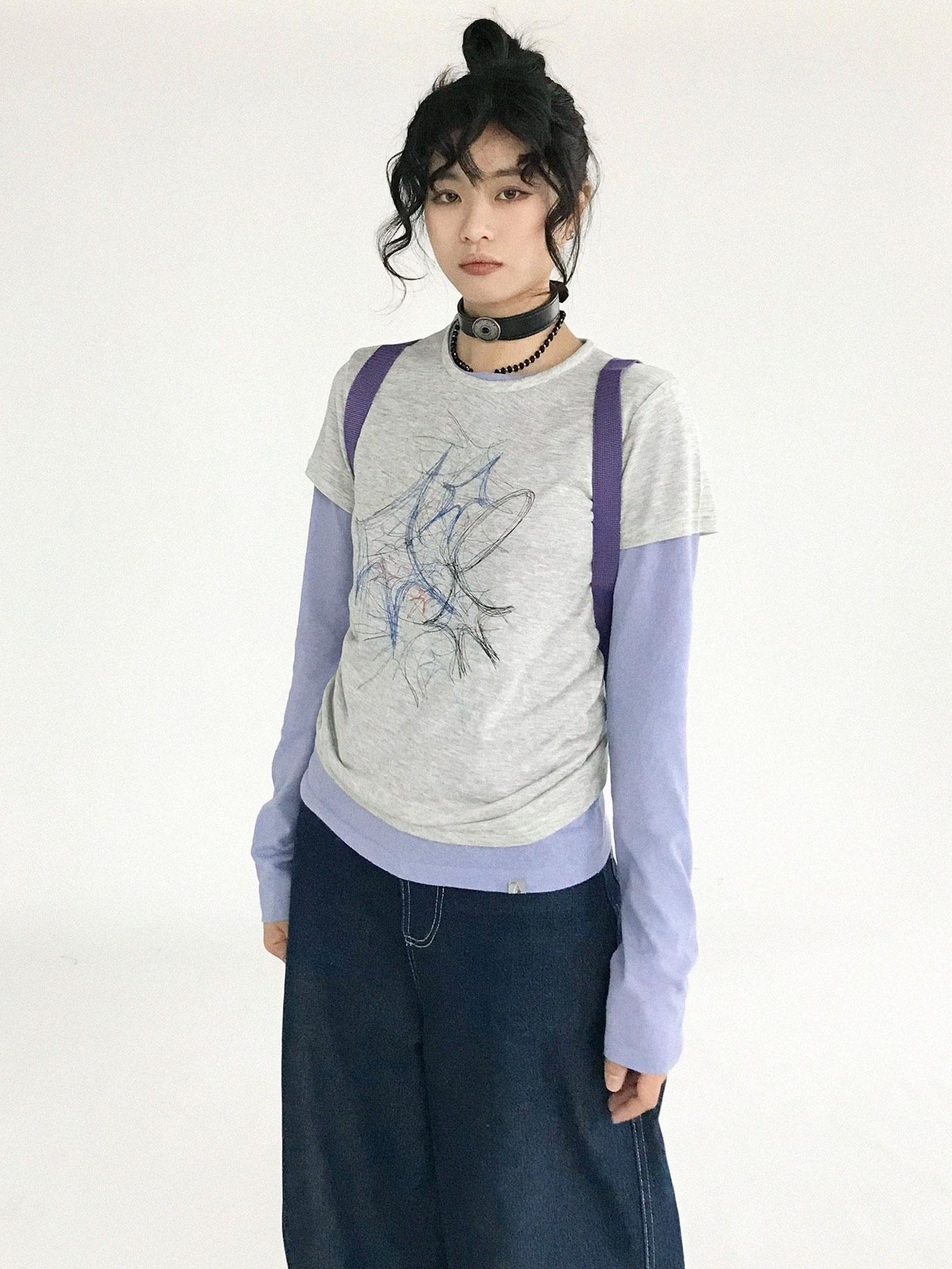 innomoood Doodle Line Graphic Tee And Long Sleeve Two Piece Set