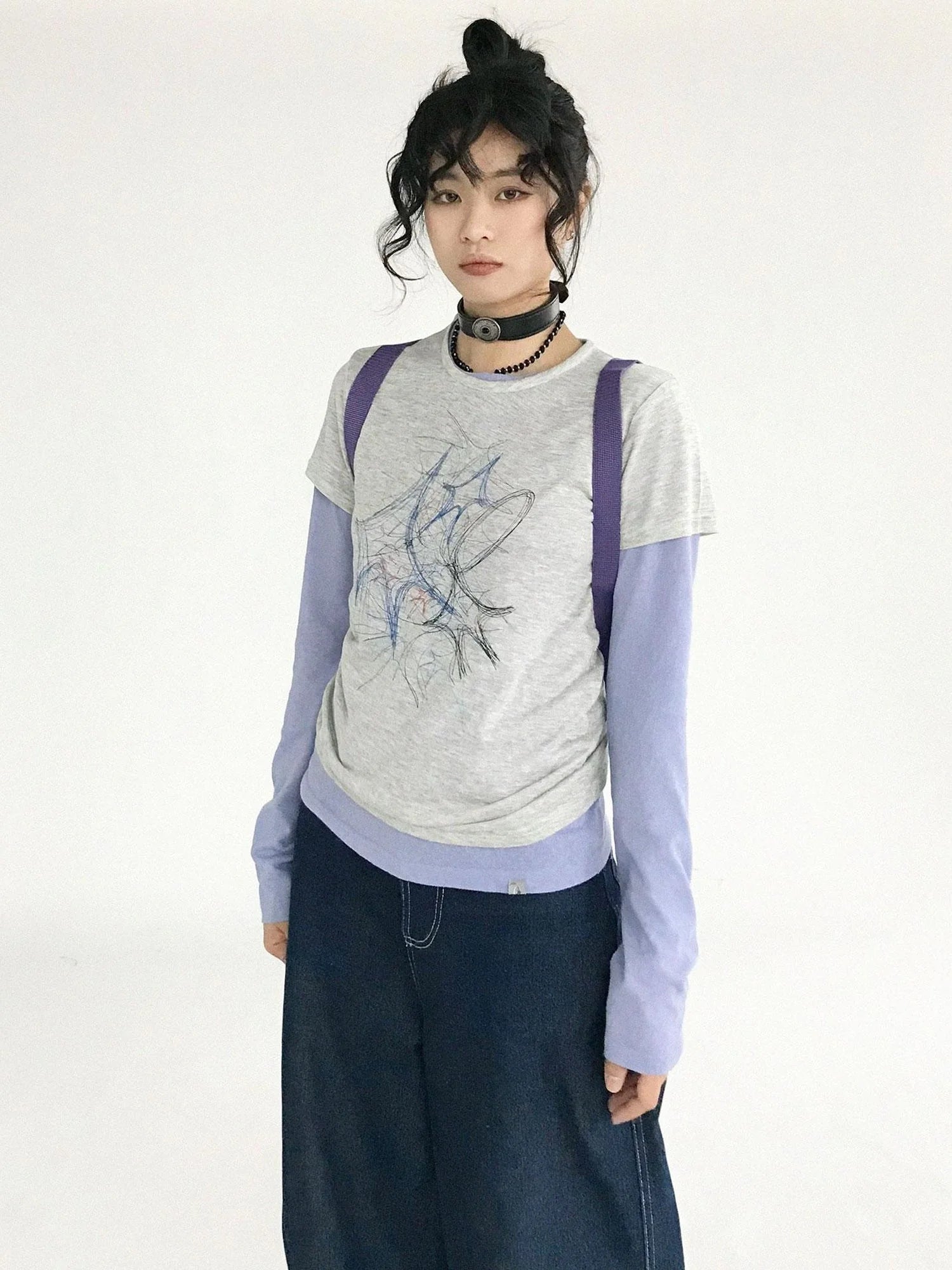 Doodle Line Graphic Tee And Long Sleeve Two Piece Set