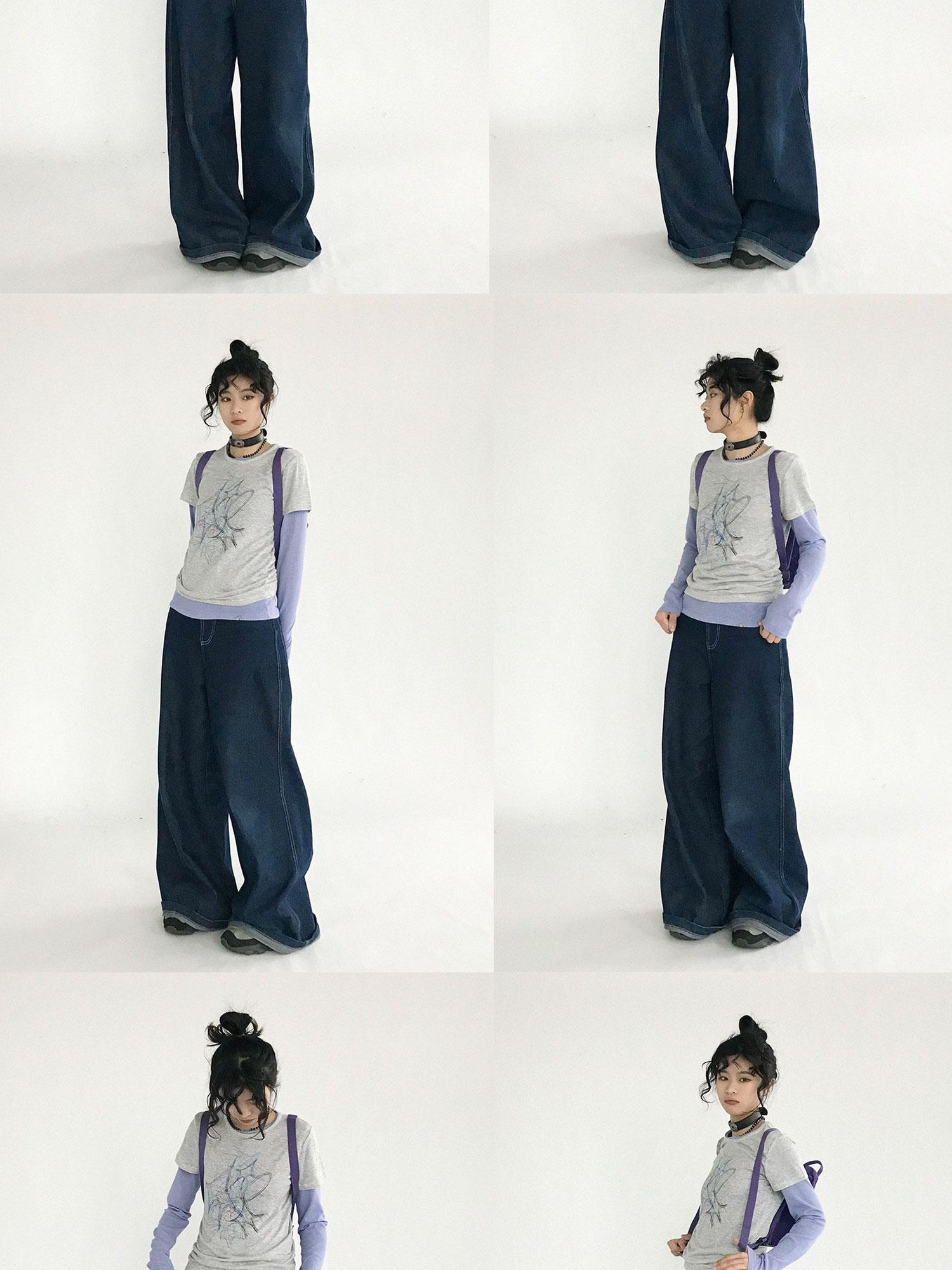 innomoood Doodle Line Graphic Tee And Long Sleeve Two Piece Set