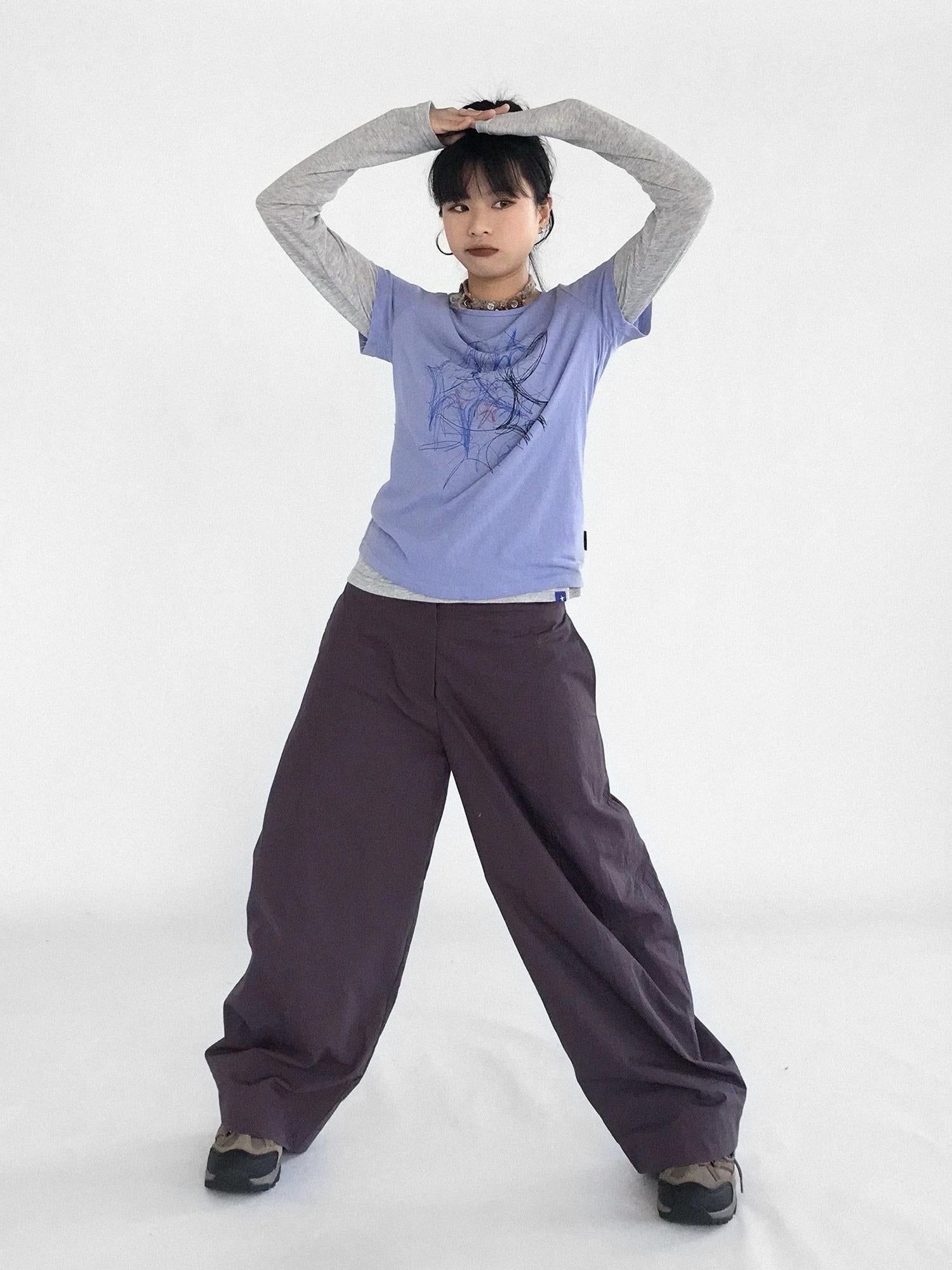 innomoood Doodle Line Graphic Tee And Long Sleeve Two Piece Set